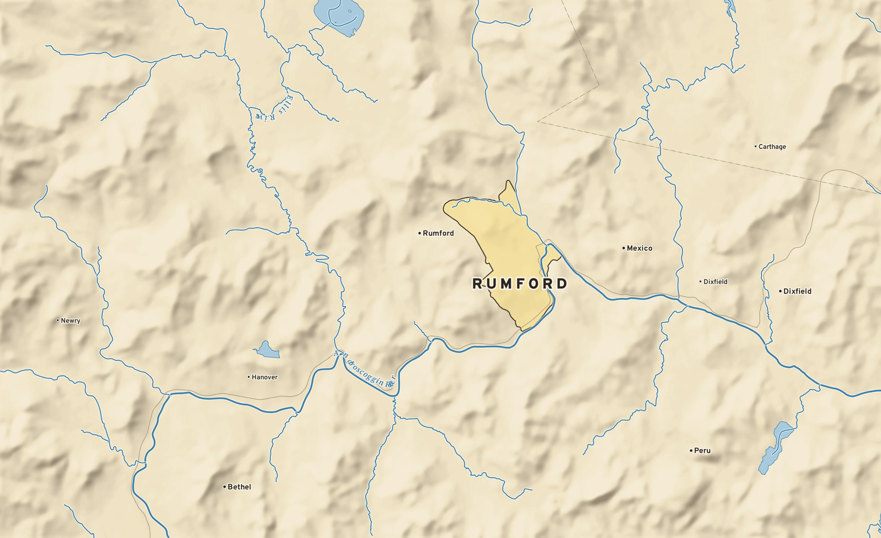 Shaded-relief atlas plate of Rumford, Maine: rivers, roads, the city limits and where the water drains.