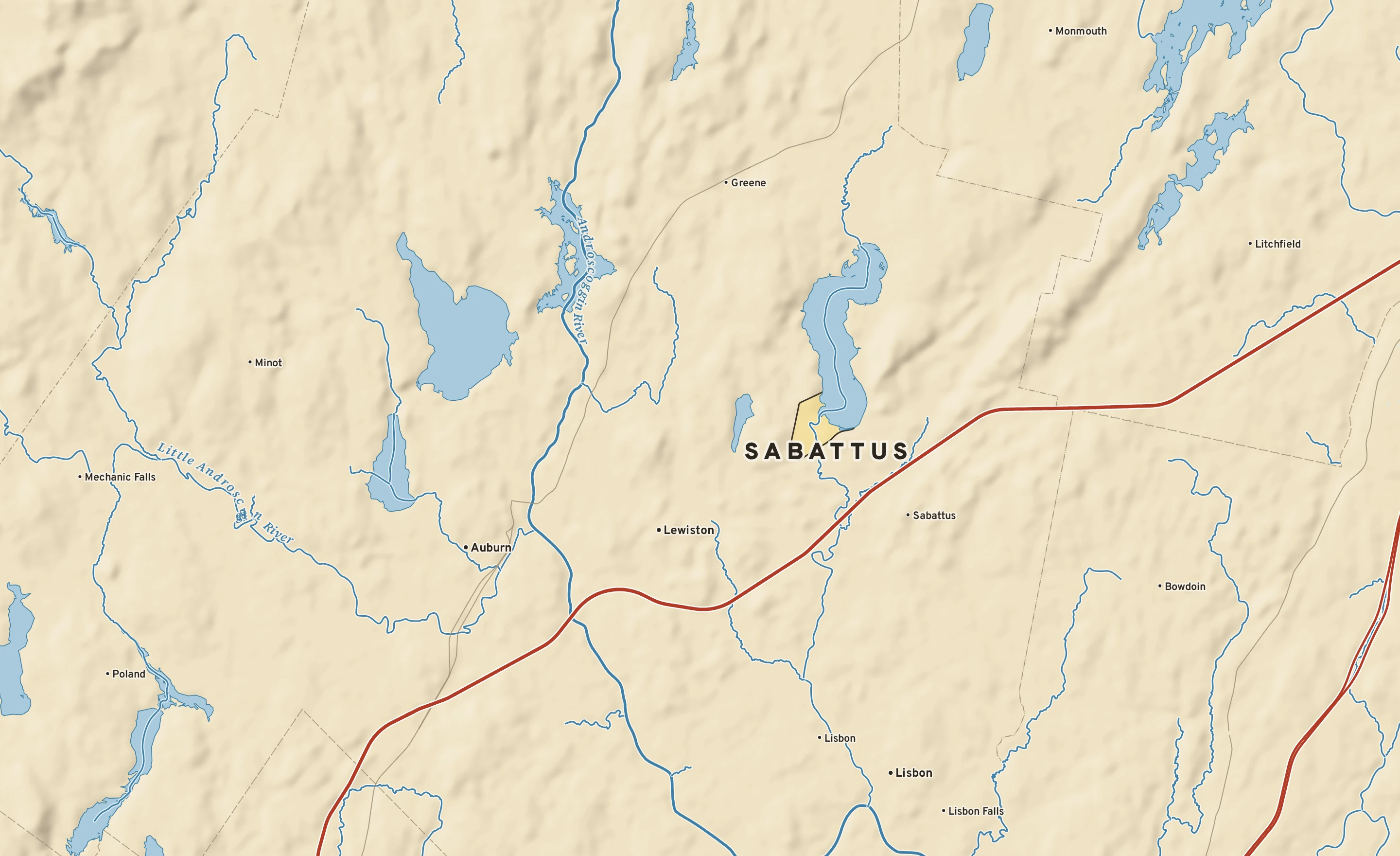 Shaded-relief atlas plate of Sabattus, Maine: rivers, roads, the city limits and where the water drains.