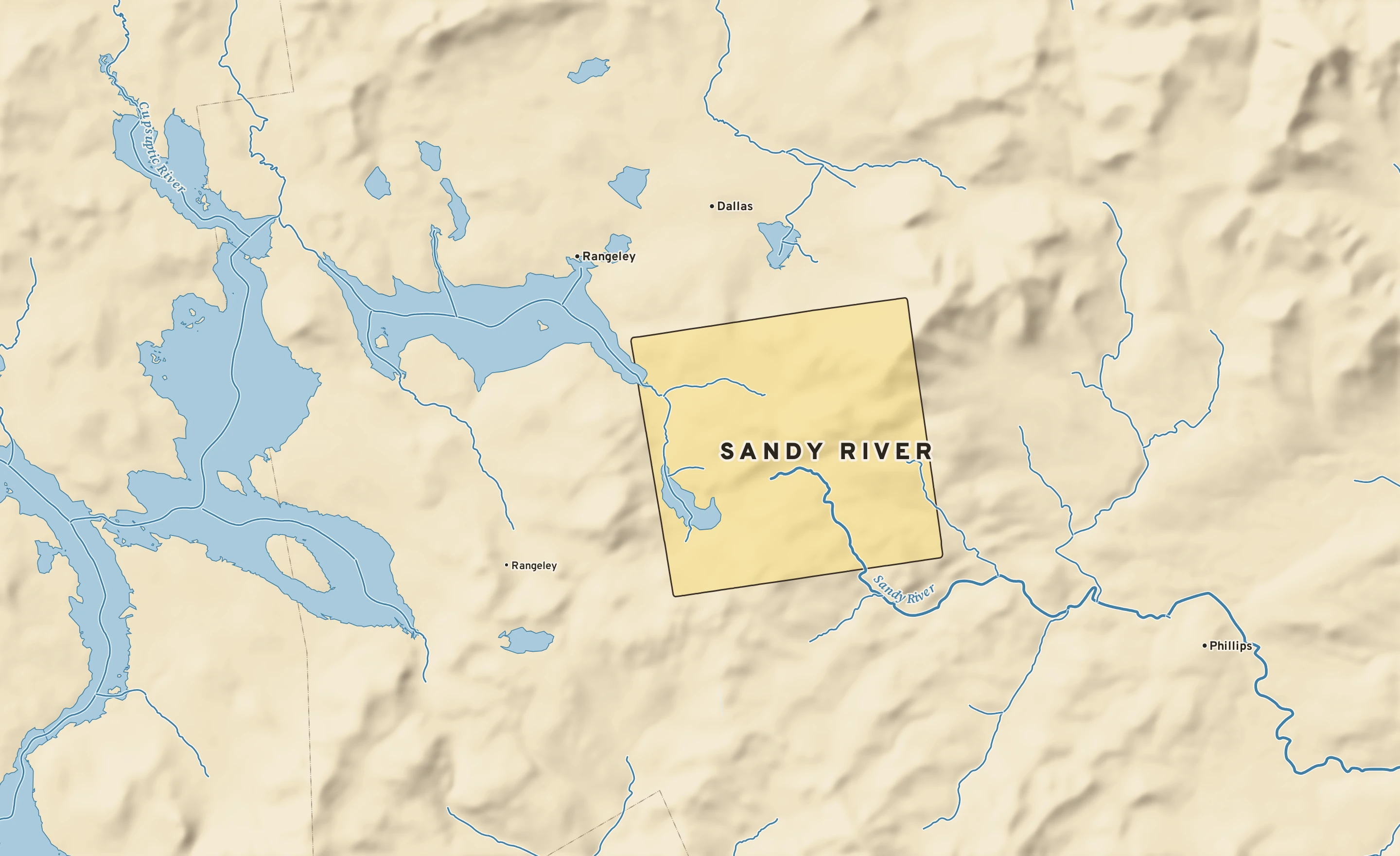 Shaded-relief atlas plate of Sandy River, Maine: rivers, roads, the city limits and where the water drains.