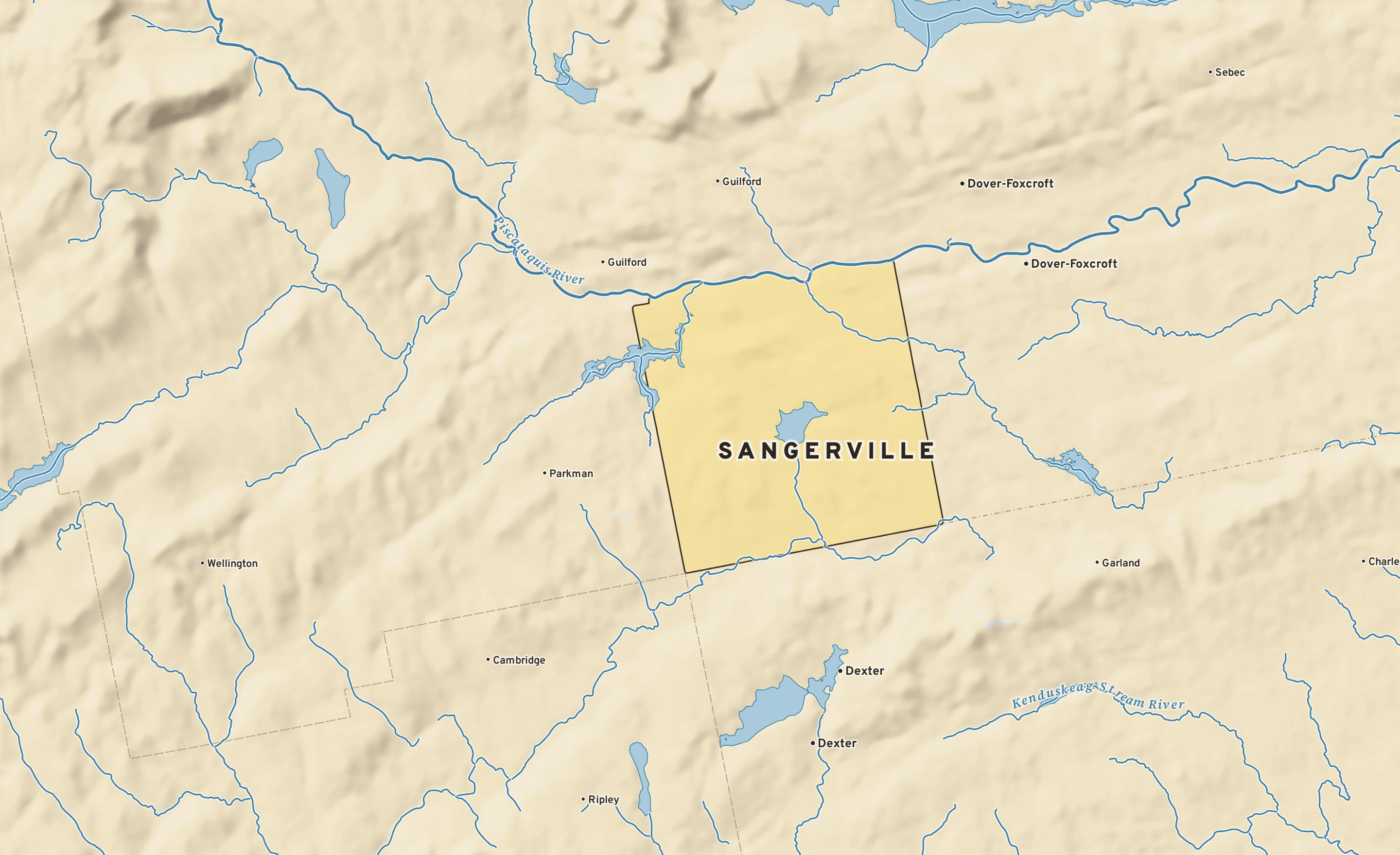 Shaded-relief atlas plate of Sangerville, Maine: rivers, roads, the city limits and where the water drains.