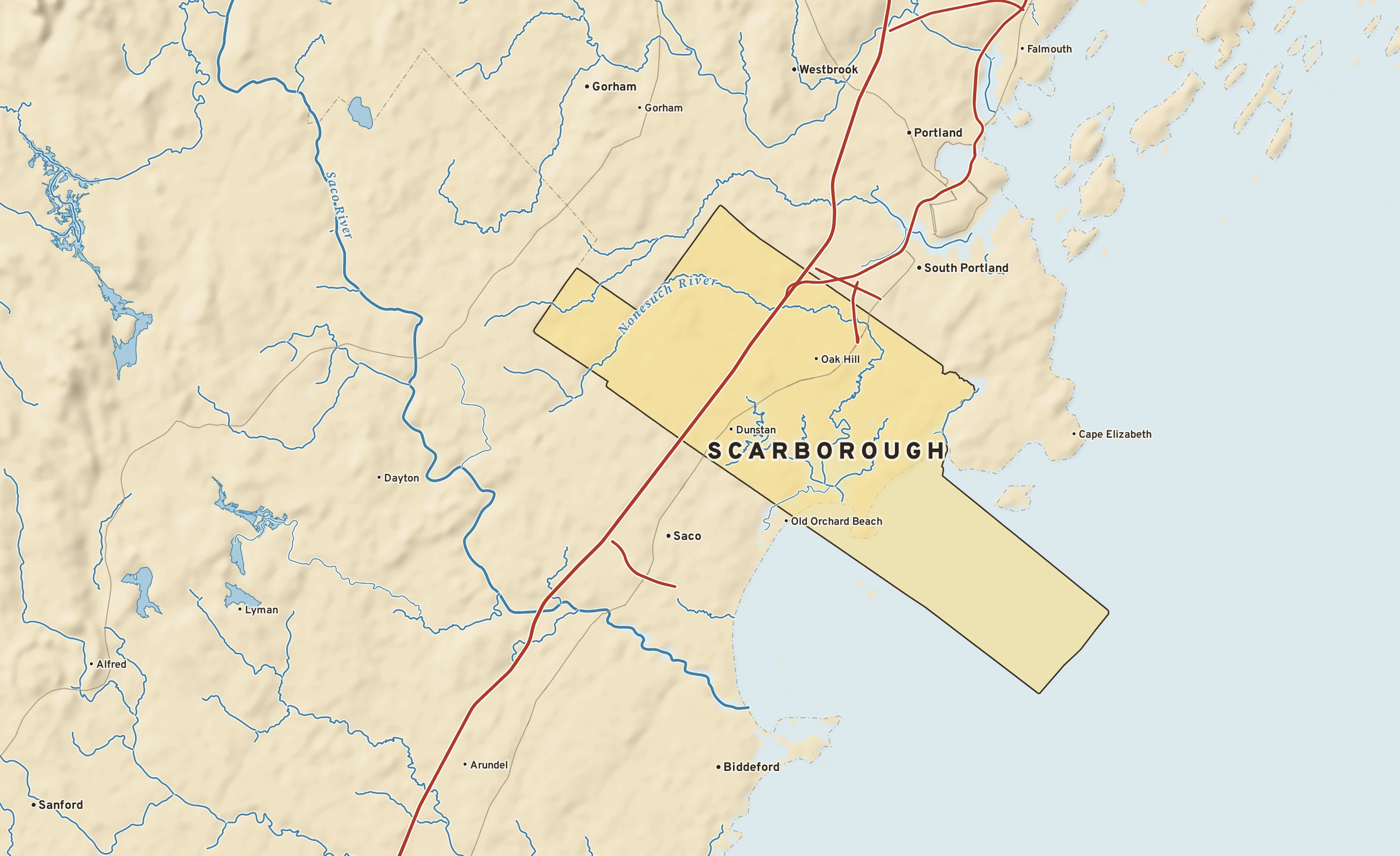 Shaded-relief atlas plate of Scarborough, Maine: rivers, roads, the city limits and where the water drains.