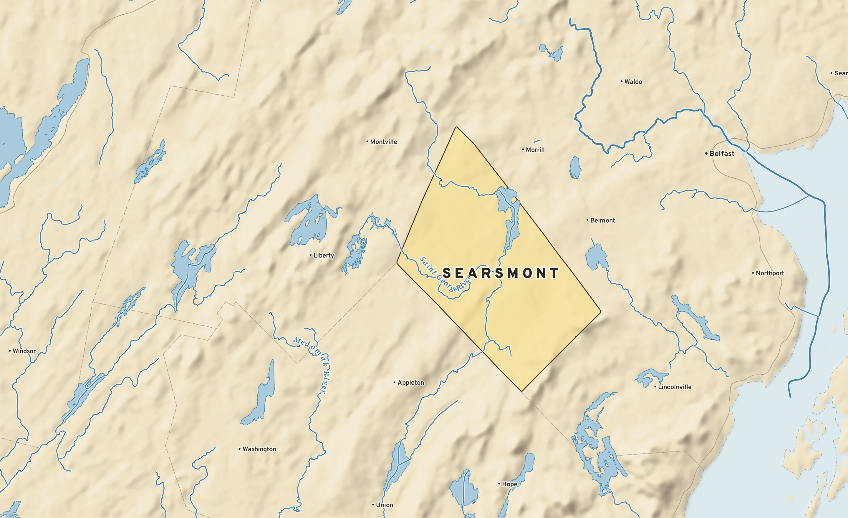Shaded-relief atlas plate of Searsmont, Maine: rivers, roads, the city limits and where the water drains.
