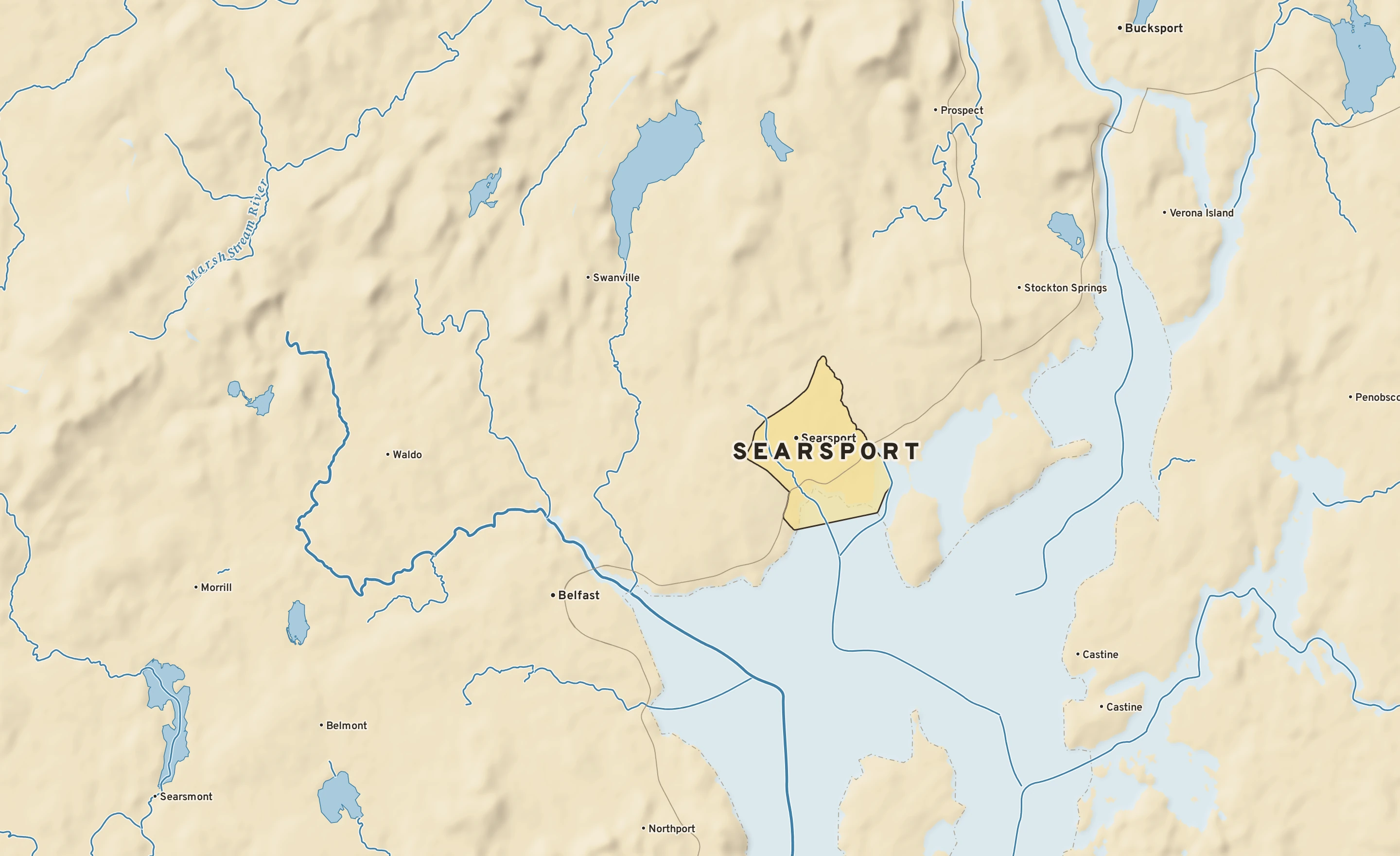 Shaded-relief atlas plate of Searsport, Maine: rivers, roads, the city limits and where the water drains.