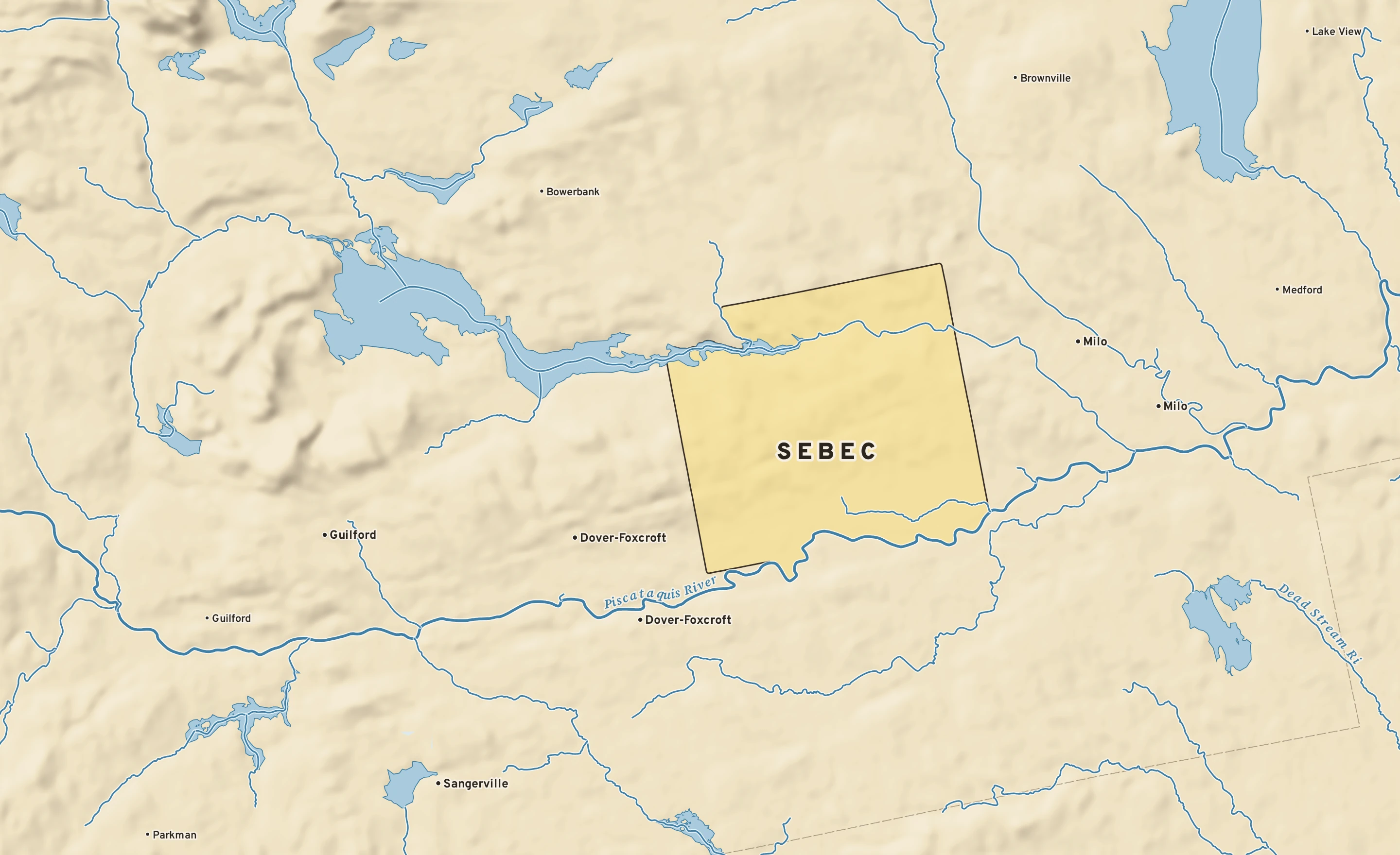 Shaded-relief atlas plate of Sebec, Maine: rivers, roads, the city limits and where the water drains.