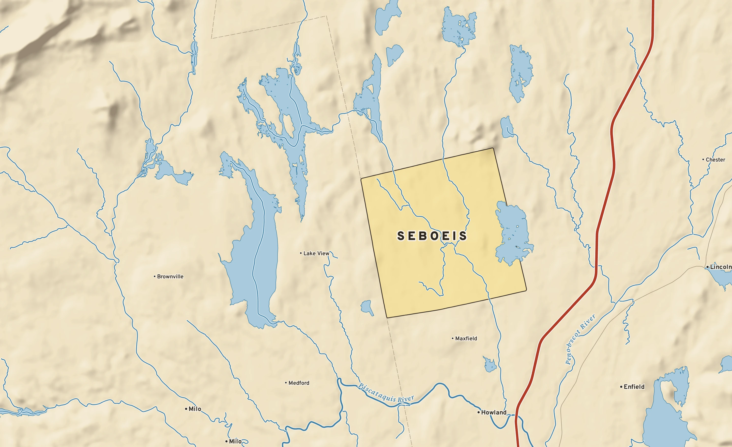 Shaded-relief atlas plate of Seboeis, Maine: rivers, roads, the city limits and where the water drains.