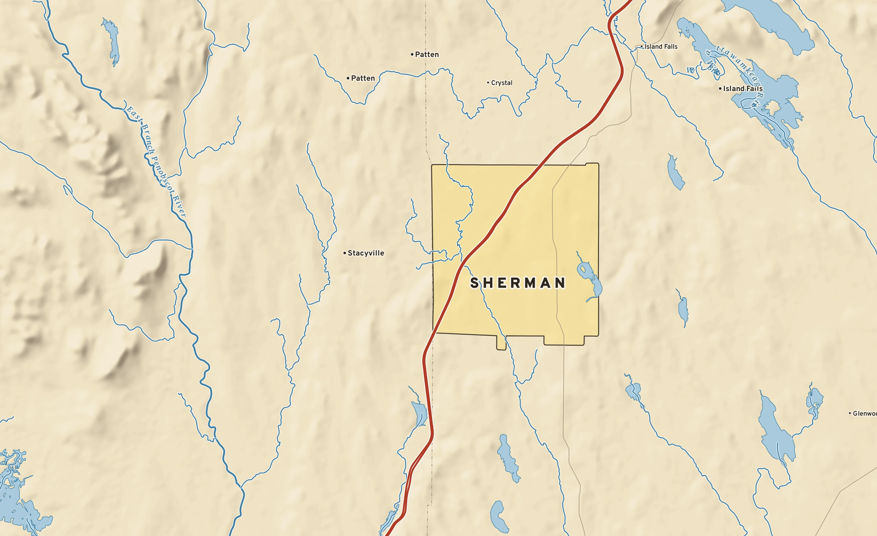 Shaded-relief atlas plate of Sherman, Maine: rivers, roads, the city limits and where the water drains.