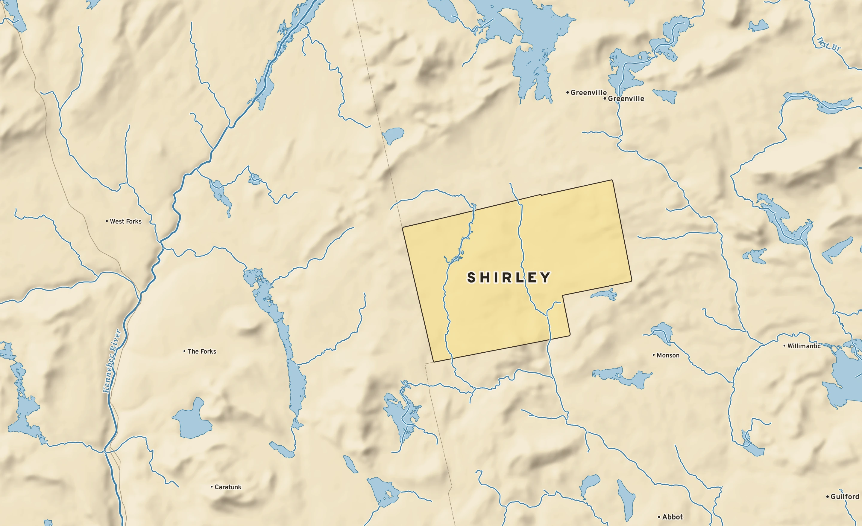 Shaded-relief atlas plate of Shirley, Maine: rivers, roads, the city limits and where the water drains.