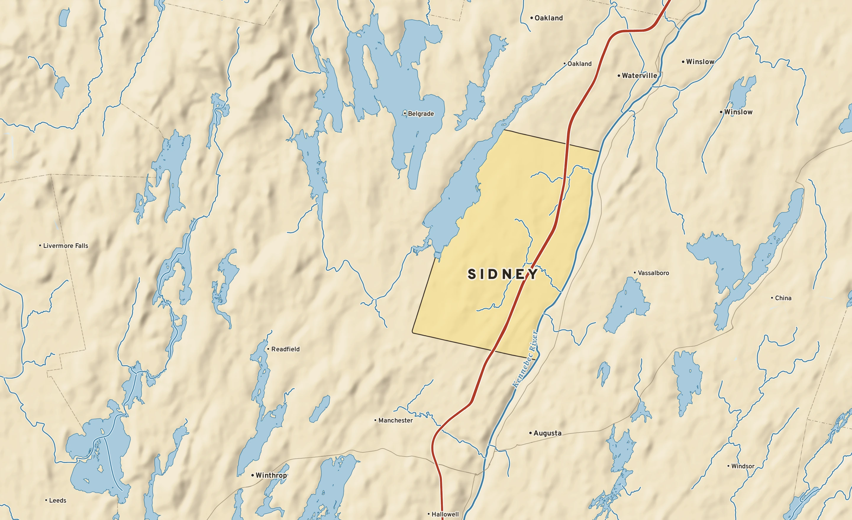 Shaded-relief atlas plate of Sidney, Maine: rivers, roads, the city limits and where the water drains.