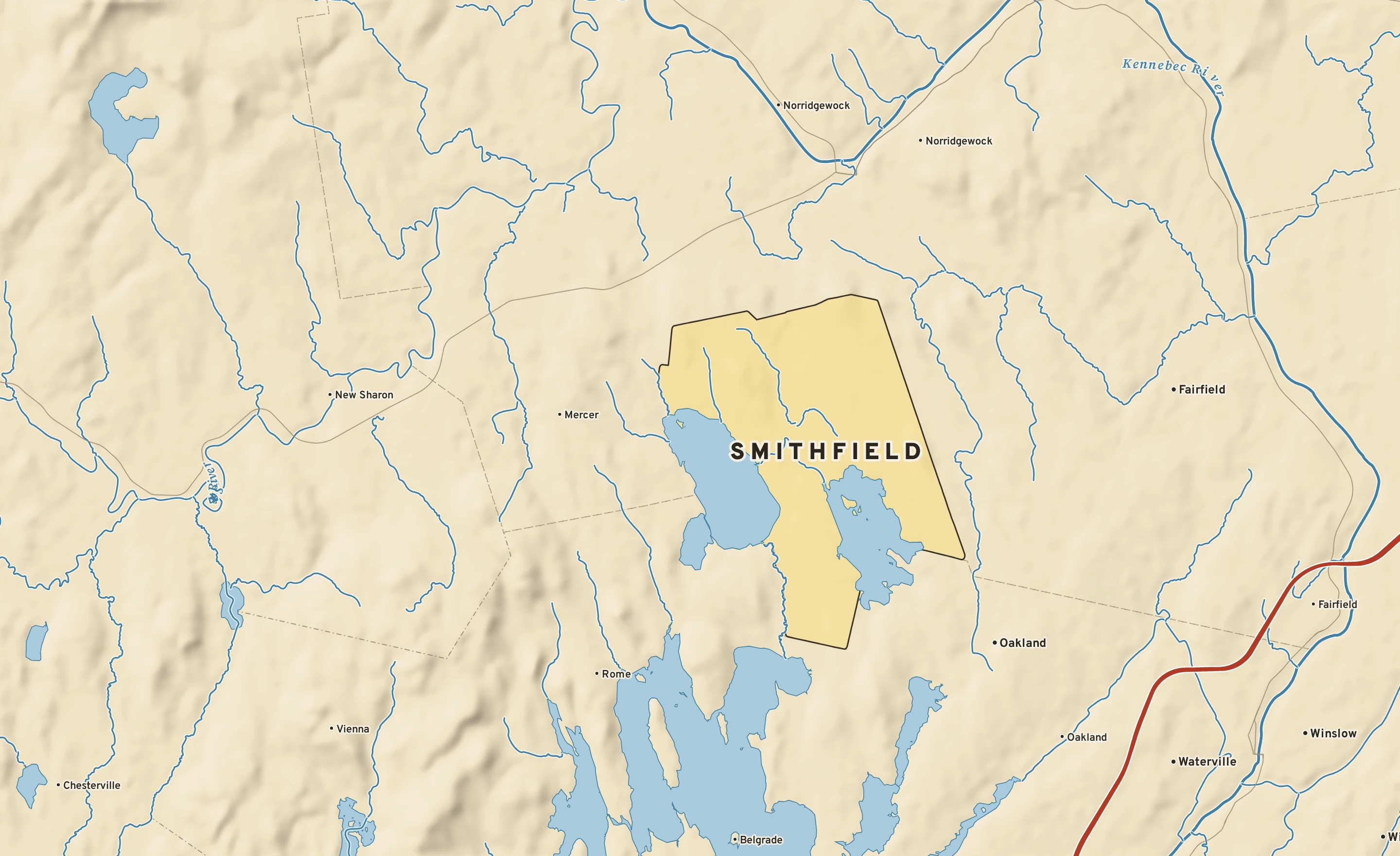 Shaded-relief atlas plate of Smithfield, Maine: rivers, roads, the city limits and where the water drains.