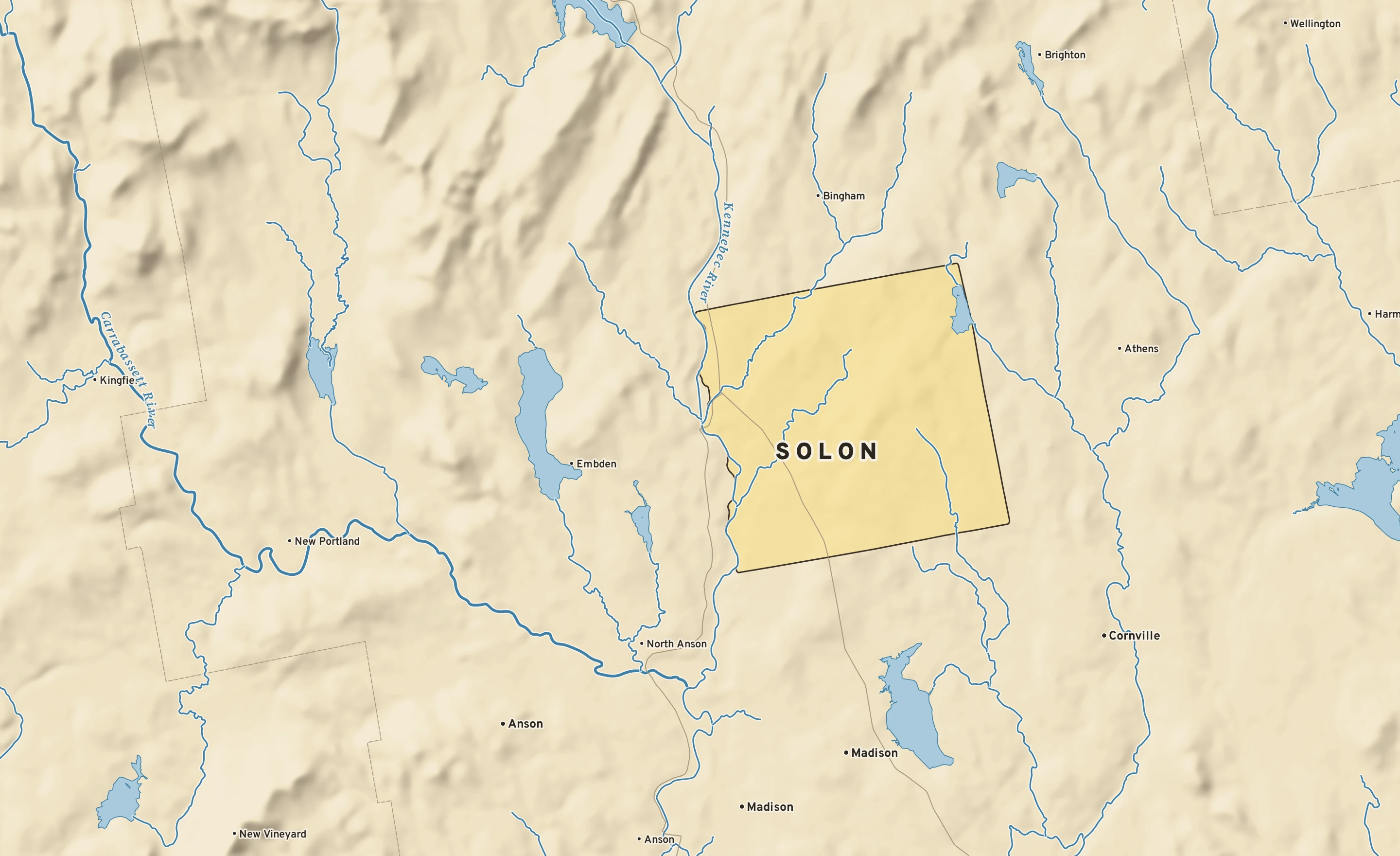 Shaded-relief atlas plate of Solon, Maine: rivers, roads, the city limits and where the water drains.
