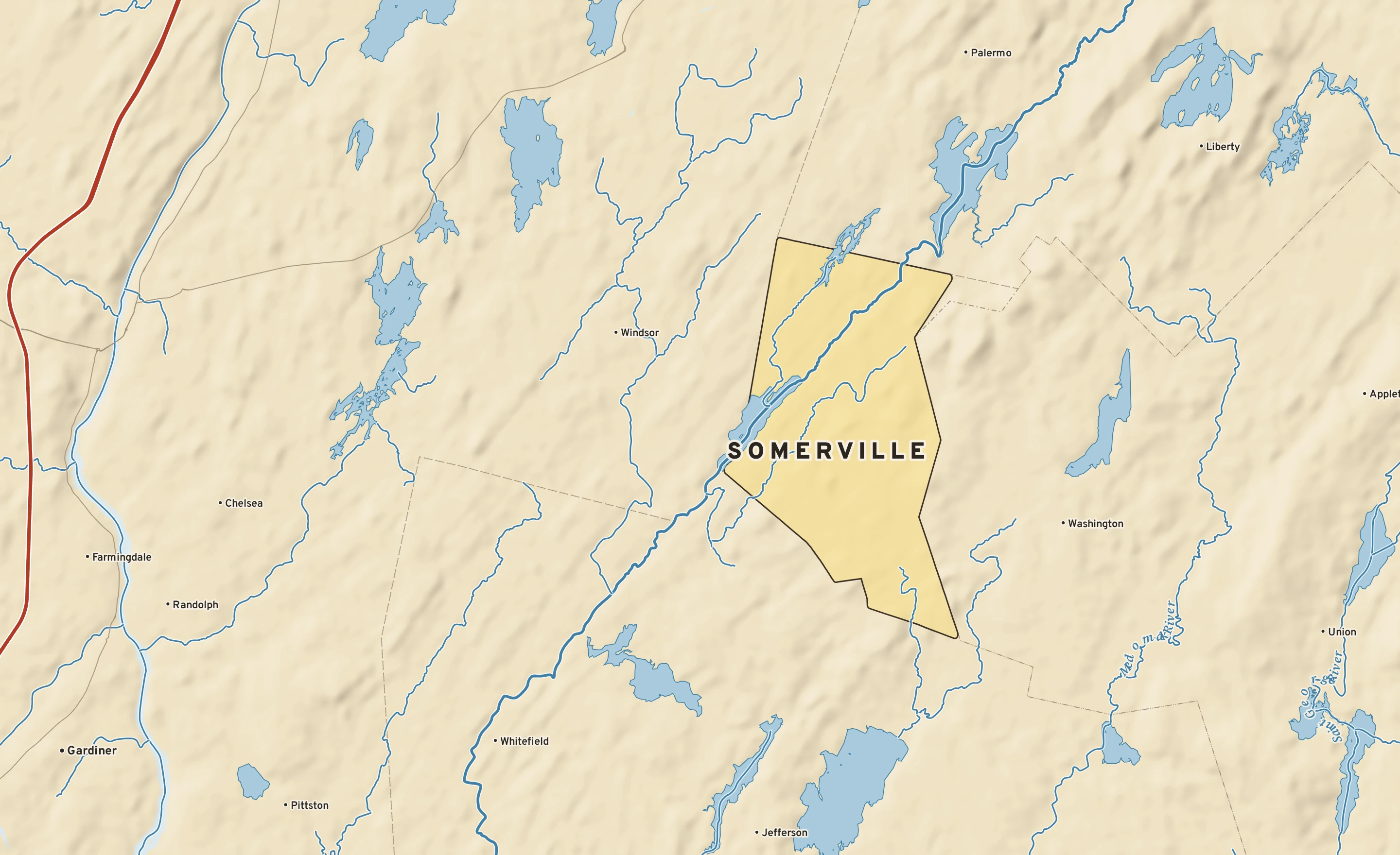Shaded-relief atlas plate of Somerville, Maine: rivers, roads, the city limits and where the water drains.
