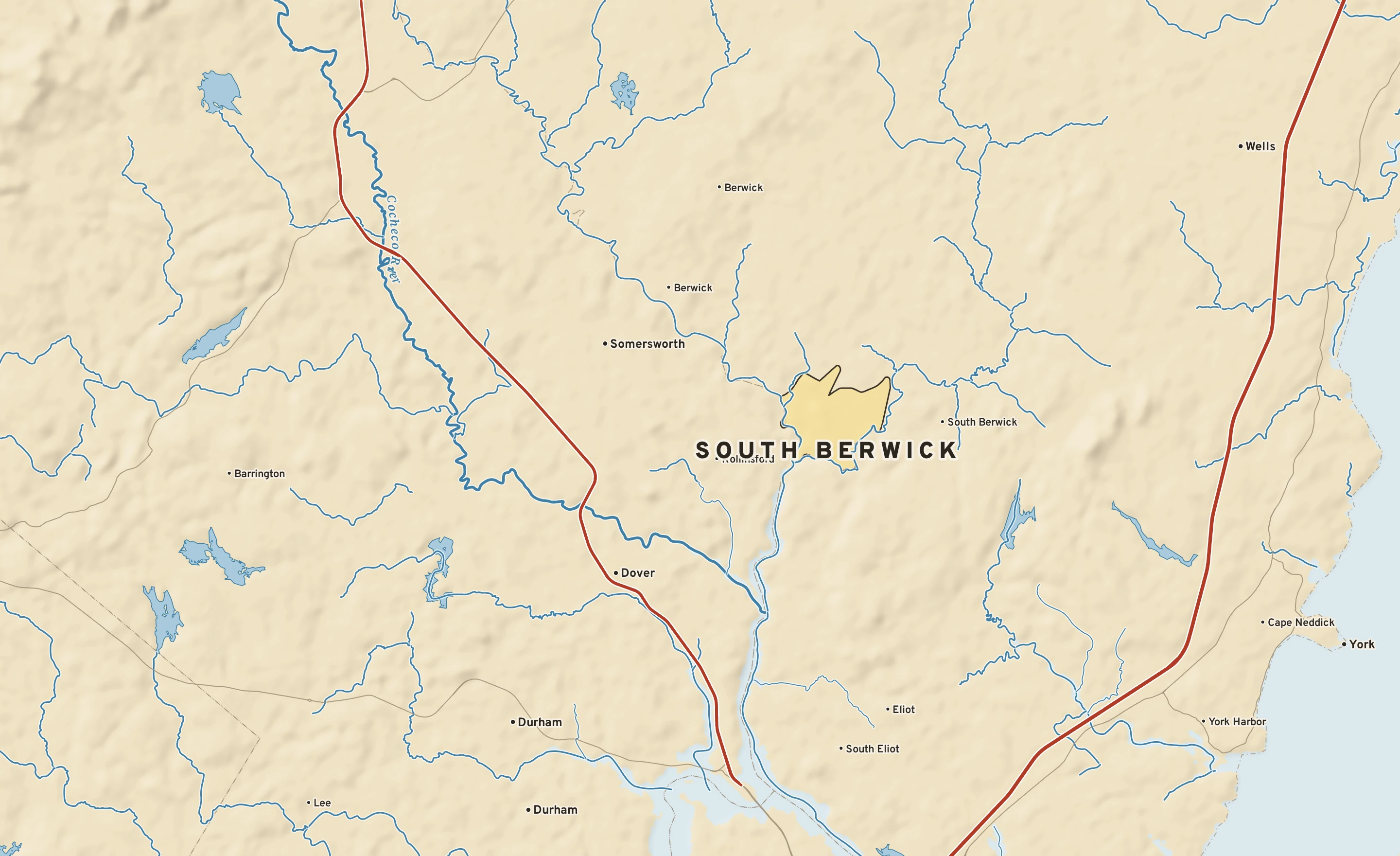 Shaded-relief atlas plate of South Berwick, Maine: rivers, roads, the city limits and where the water drains.