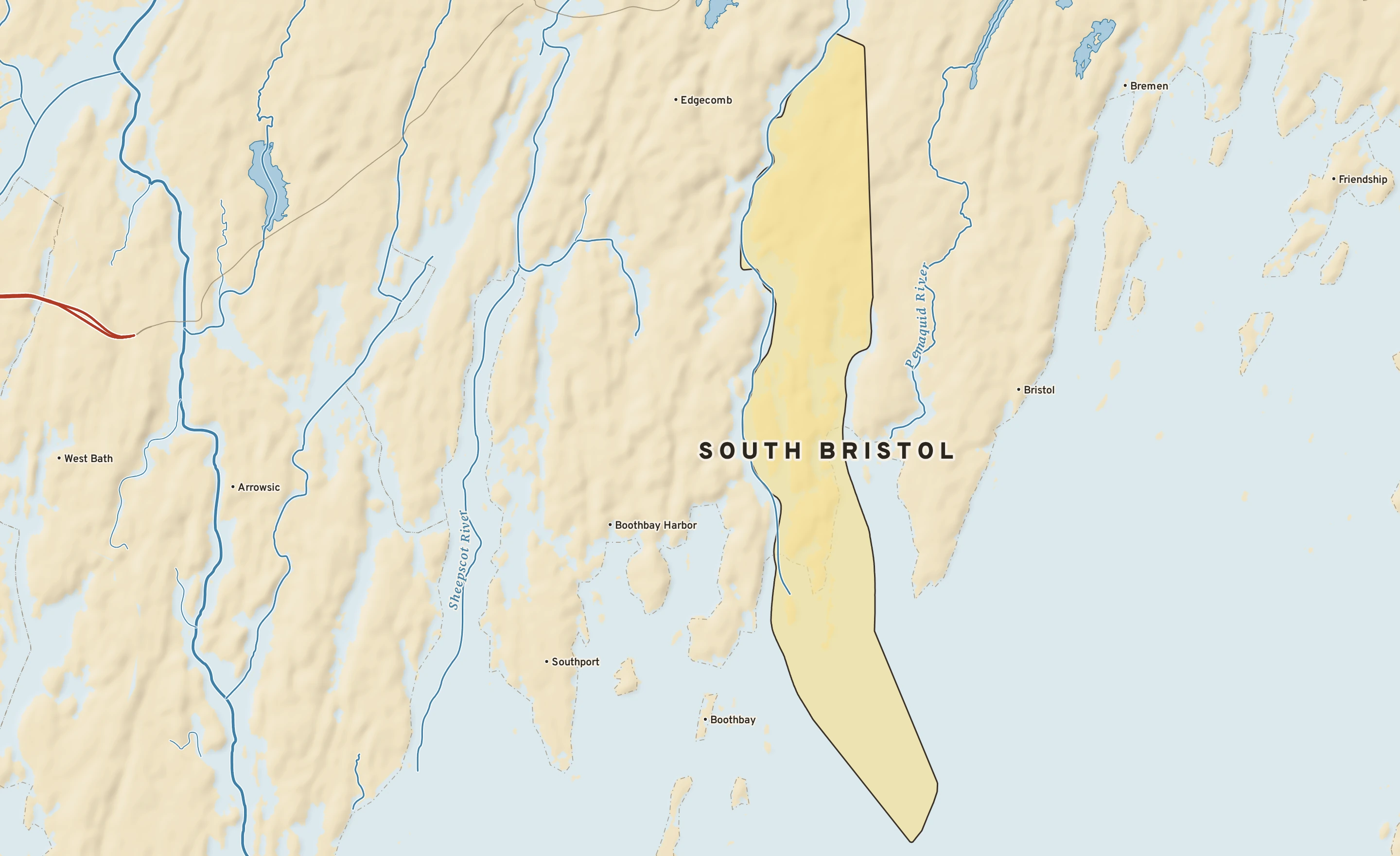 Shaded-relief atlas plate of South Bristol, Maine: rivers, roads, the city limits and where the water drains.