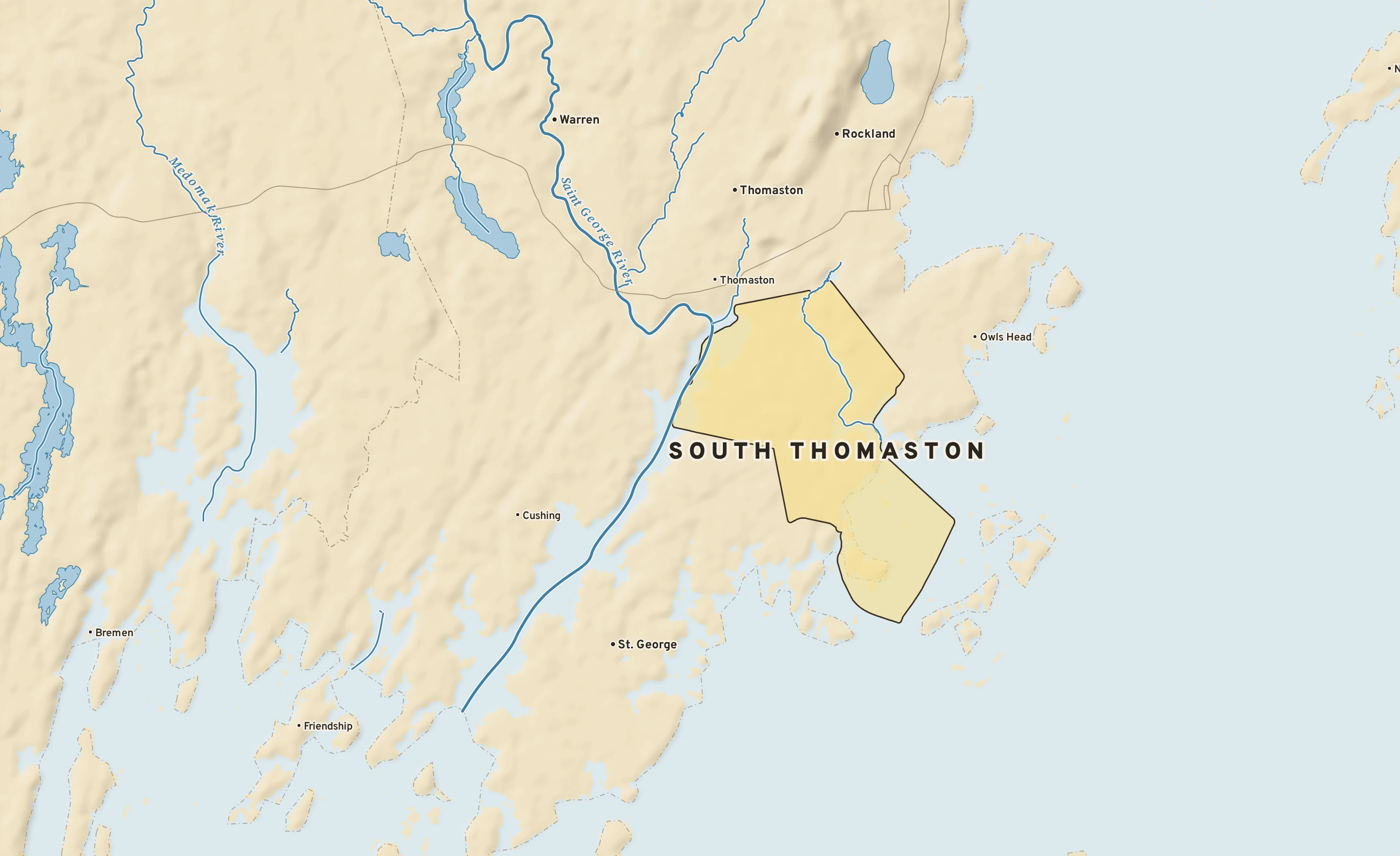 Shaded-relief atlas plate of South Thomaston, Maine: rivers, roads, the city limits and where the water drains.