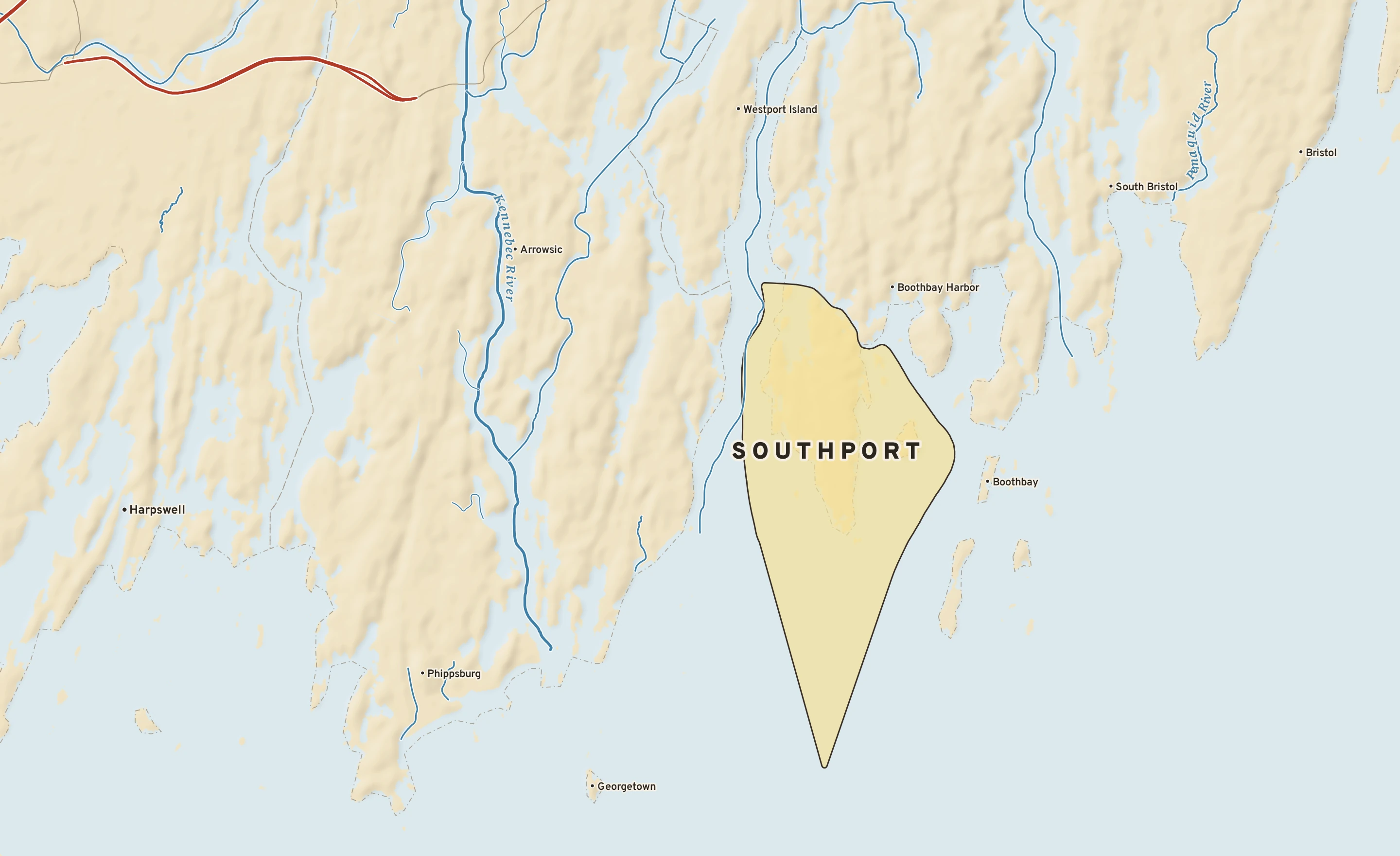 Shaded-relief atlas plate of Southport, Maine: rivers, roads, the city limits and where the water drains.