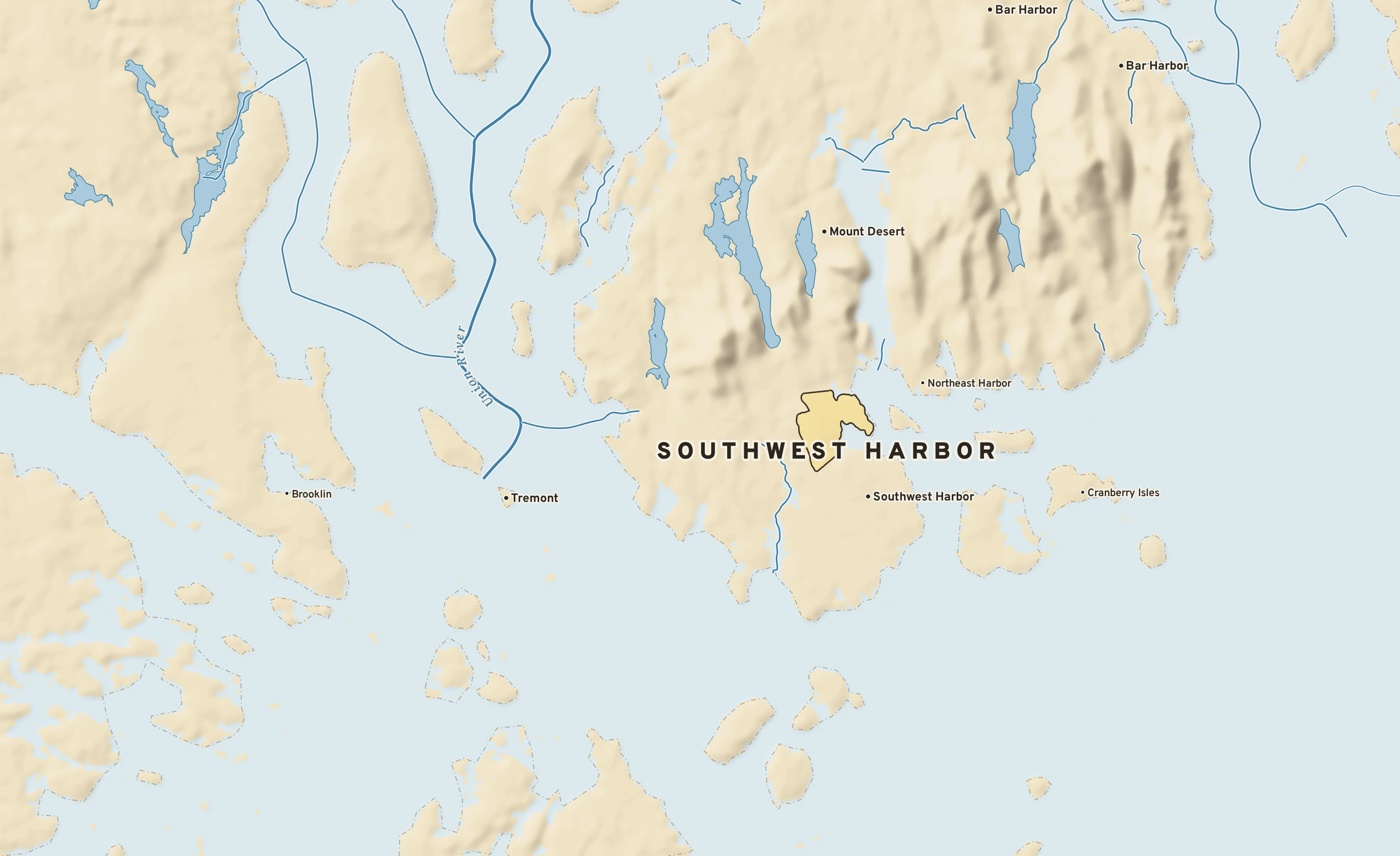 Shaded-relief atlas plate of Southwest Harbor, Maine: rivers, roads, the city limits and where the water drains.