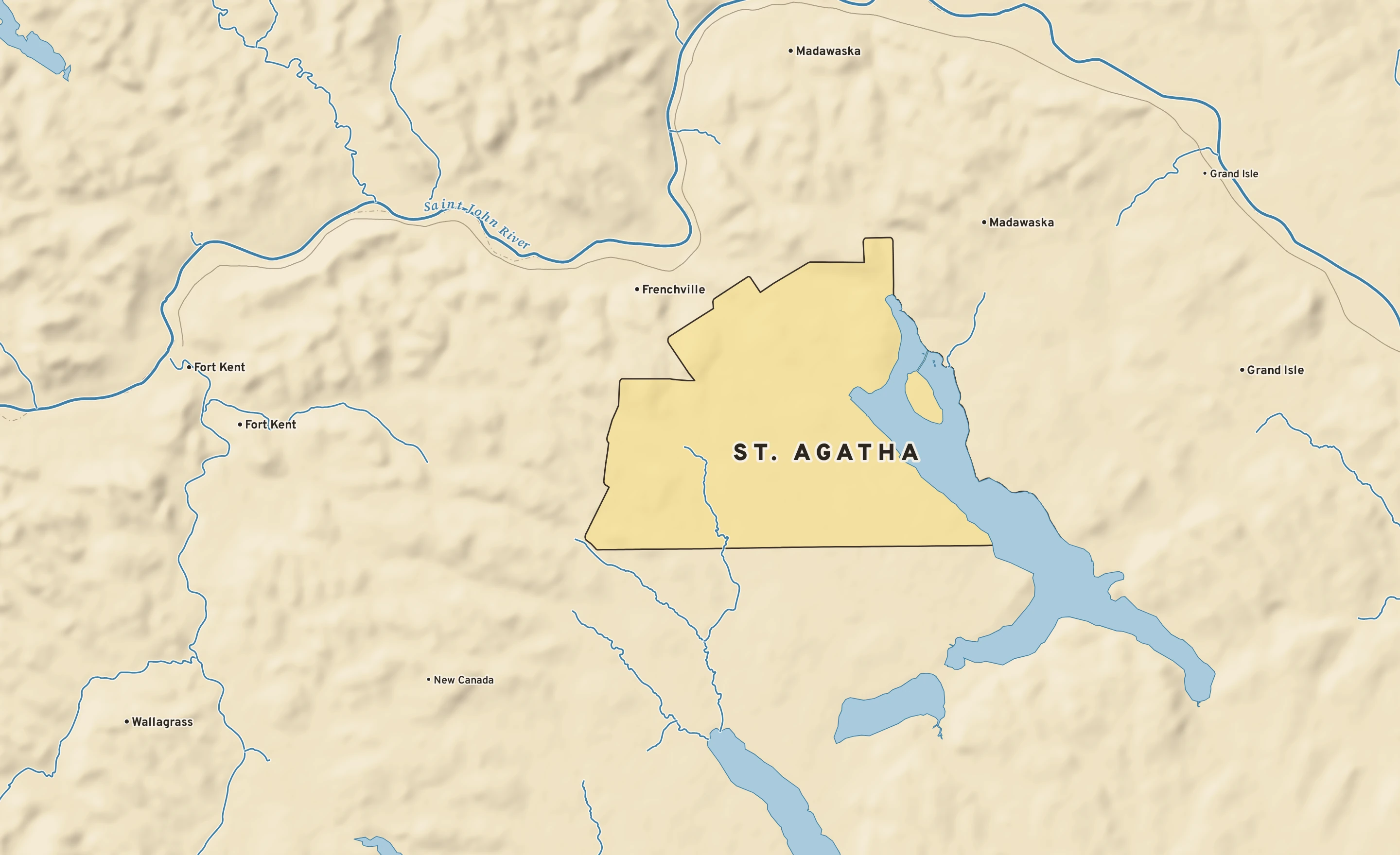 Shaded-relief atlas plate of St. Agatha, Maine: rivers, roads, the city limits and where the water drains.