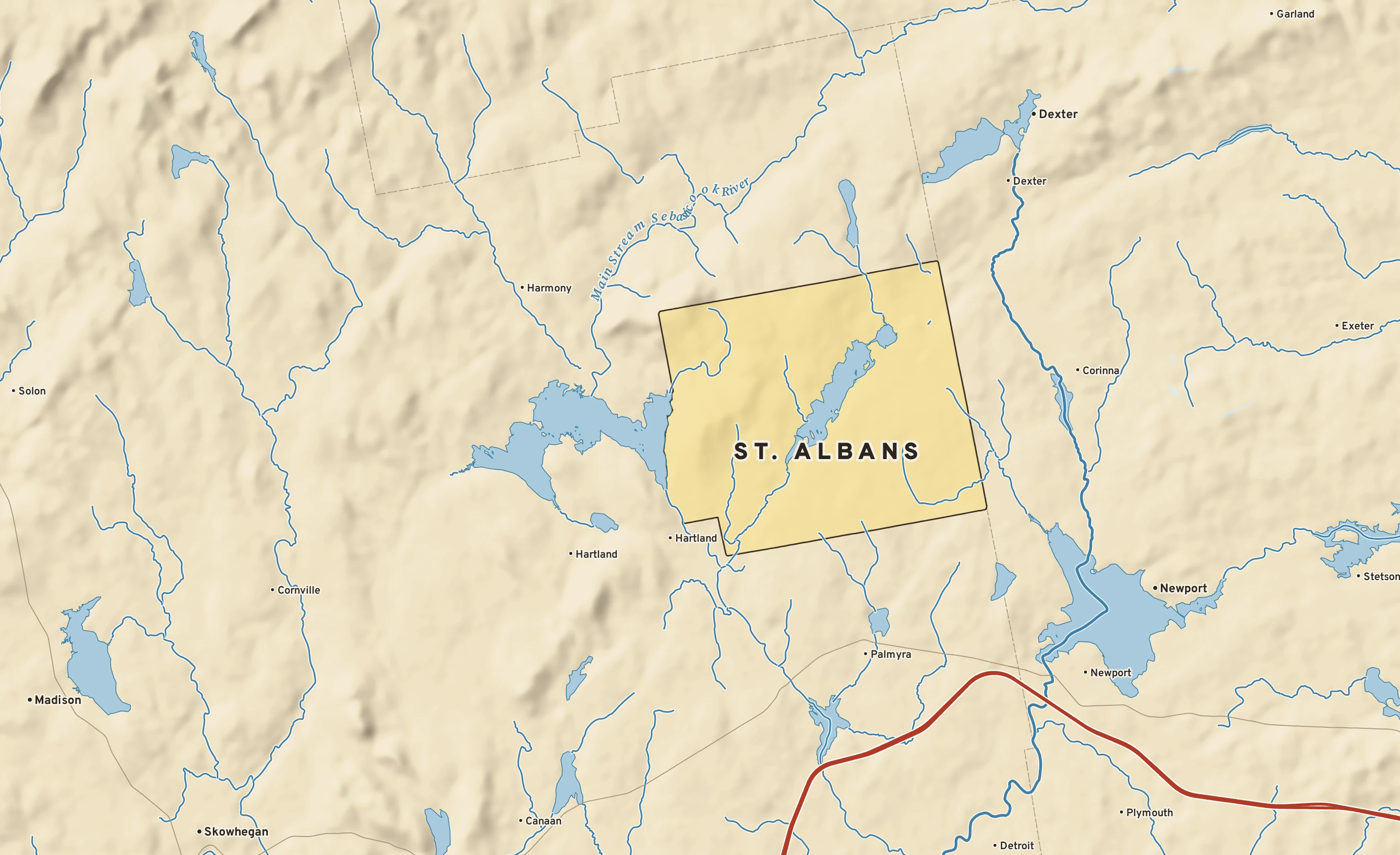 Shaded-relief atlas plate of St. Albans, Maine: rivers, roads, the city limits and where the water drains.