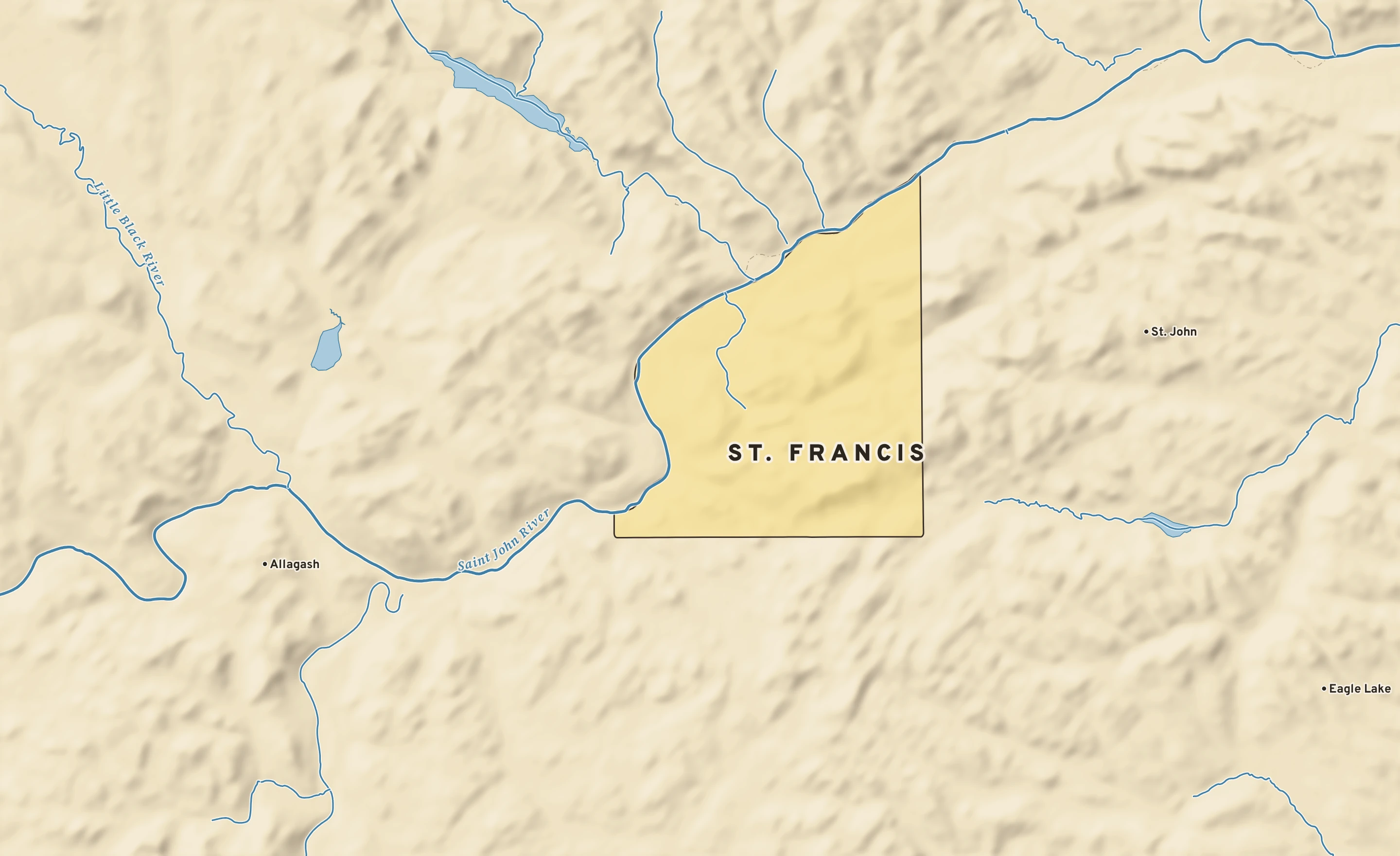 Shaded-relief atlas plate of St. Francis, Maine: rivers, roads, the city limits and where the water drains.