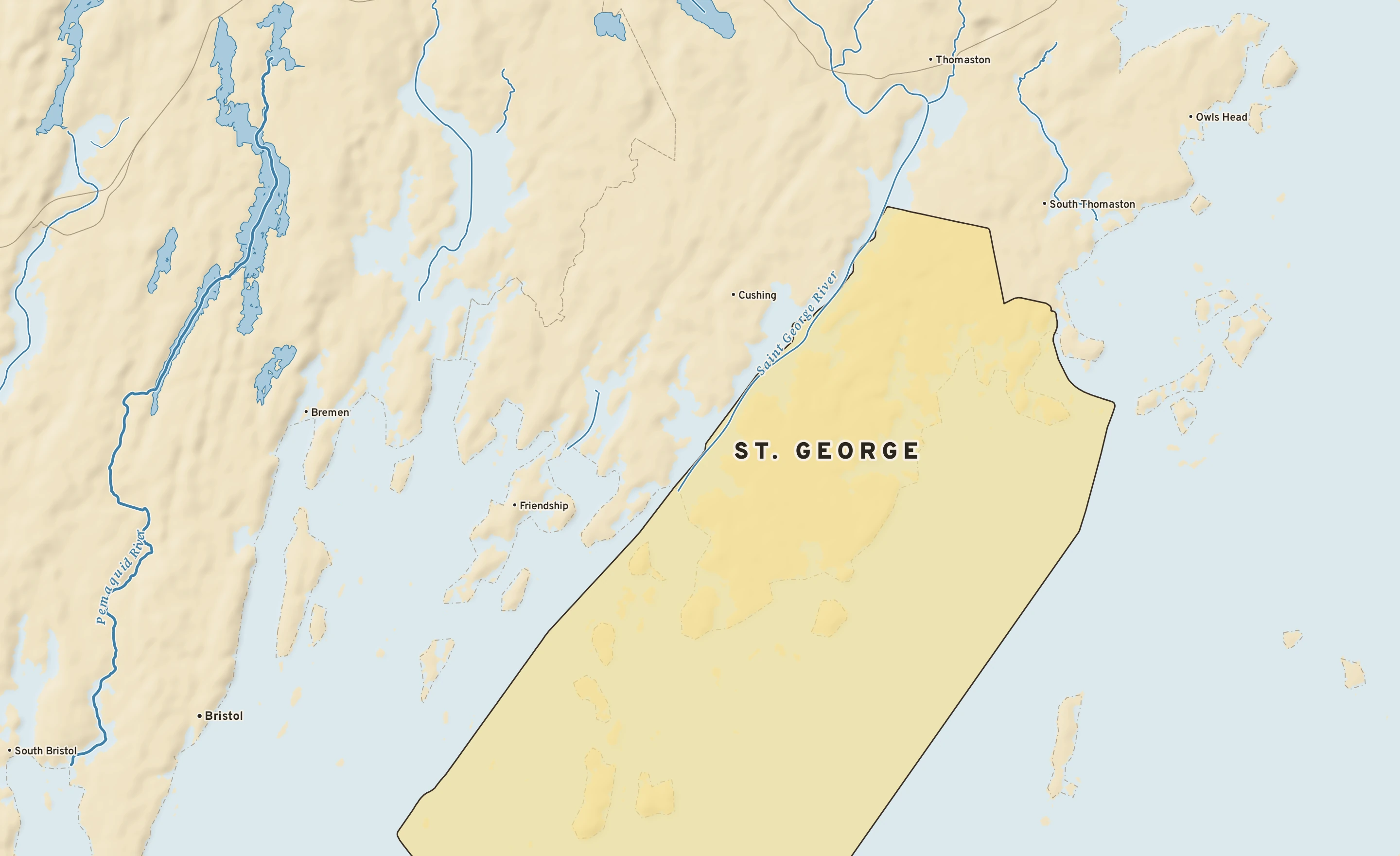 Shaded-relief atlas plate of St. George, Maine: rivers, roads, the city limits and where the water drains.
