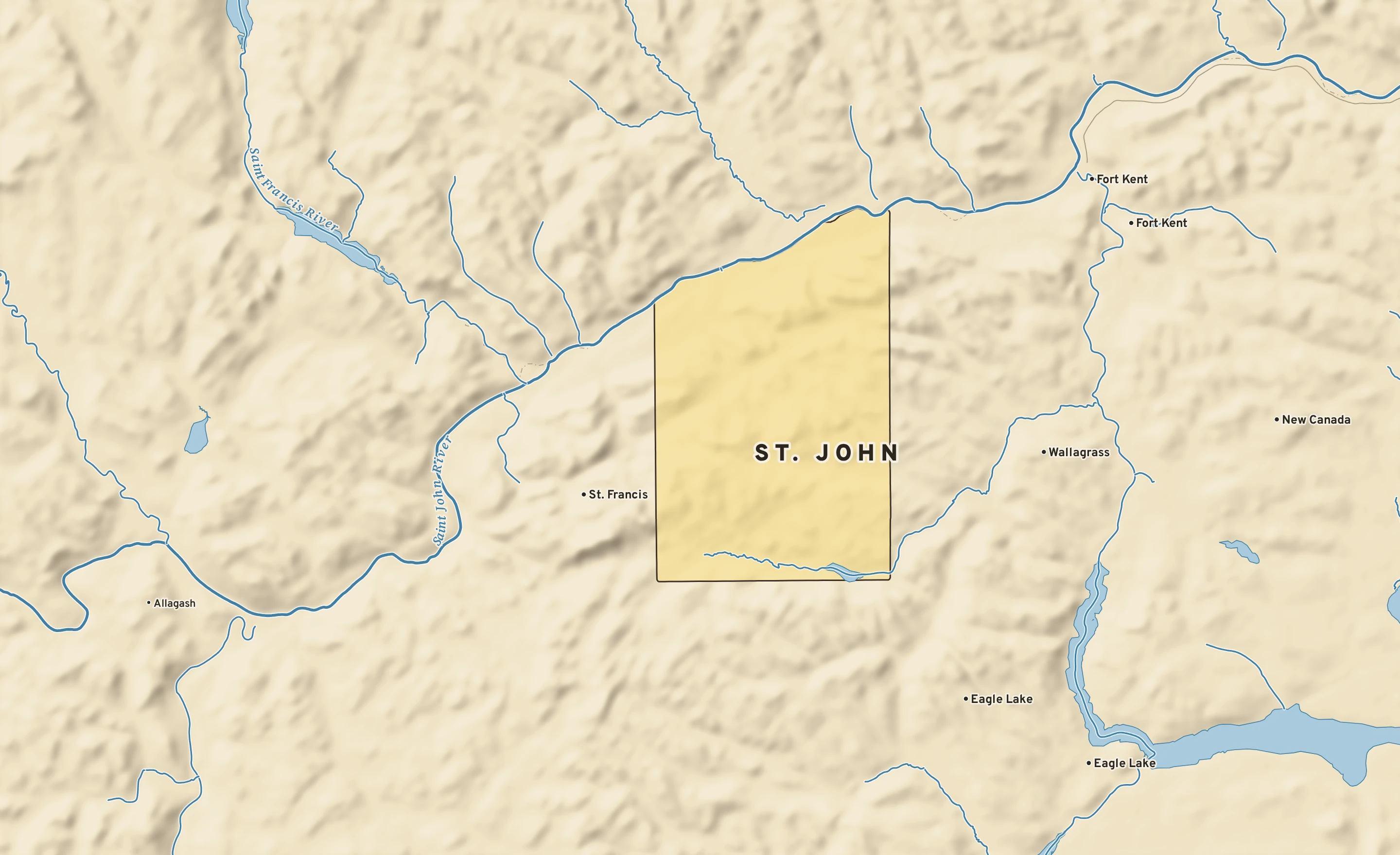 Shaded-relief atlas plate of St. John, Maine: rivers, roads, the city limits and where the water drains.