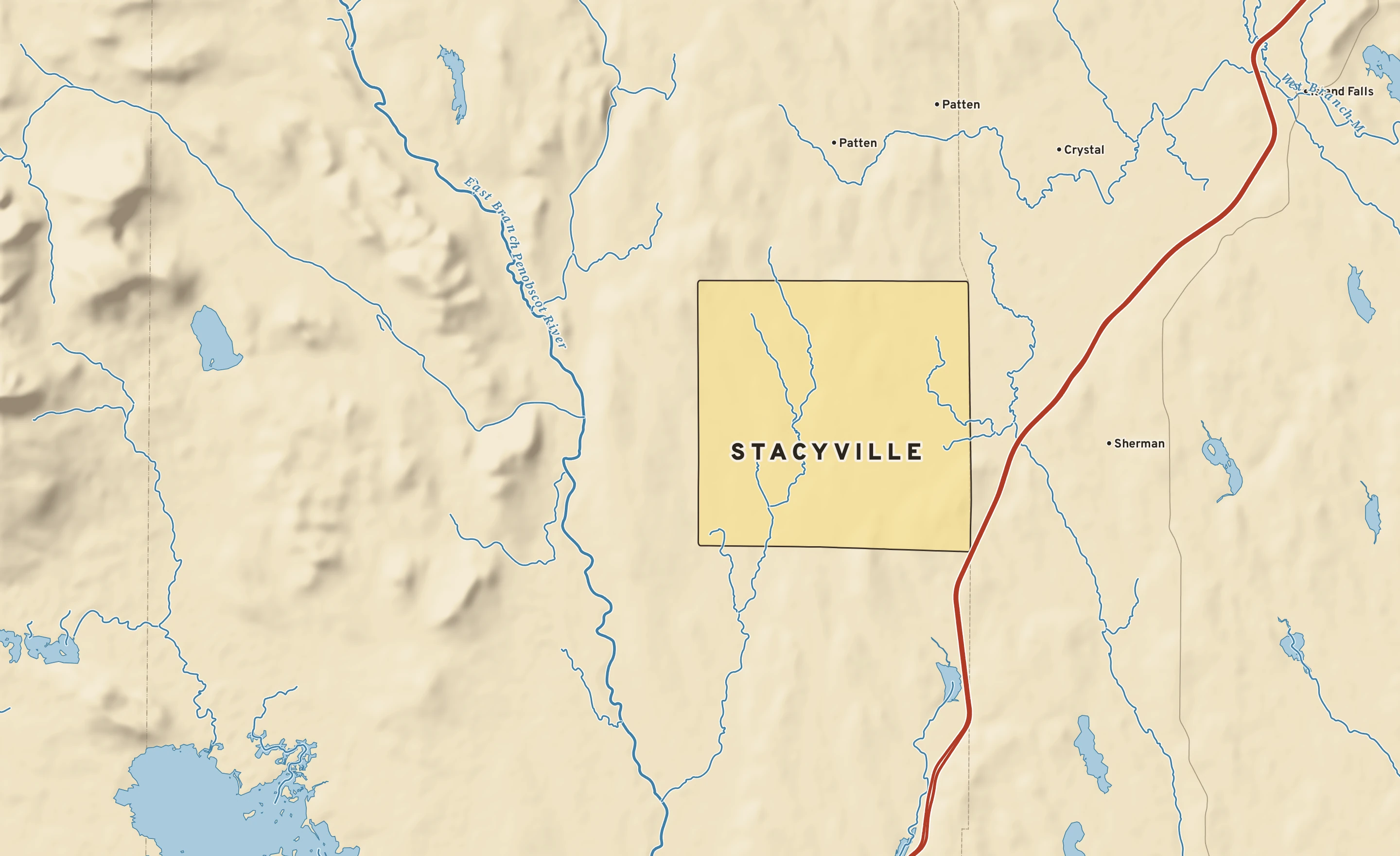 Shaded-relief atlas plate of Stacyville, Maine: rivers, roads, the city limits and where the water drains.