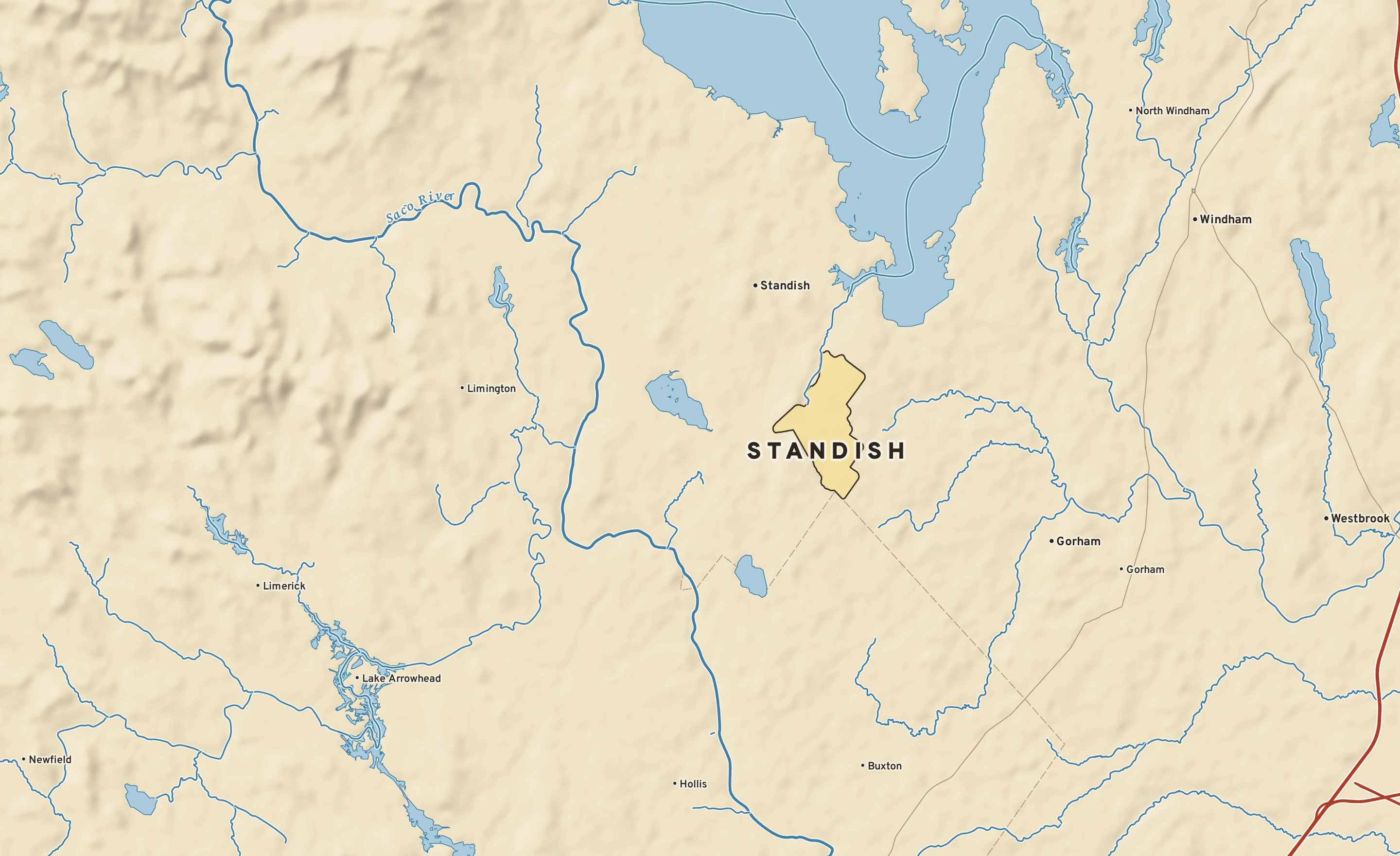 Shaded-relief atlas plate of Standish, Maine: rivers, roads, the city limits and where the water drains.