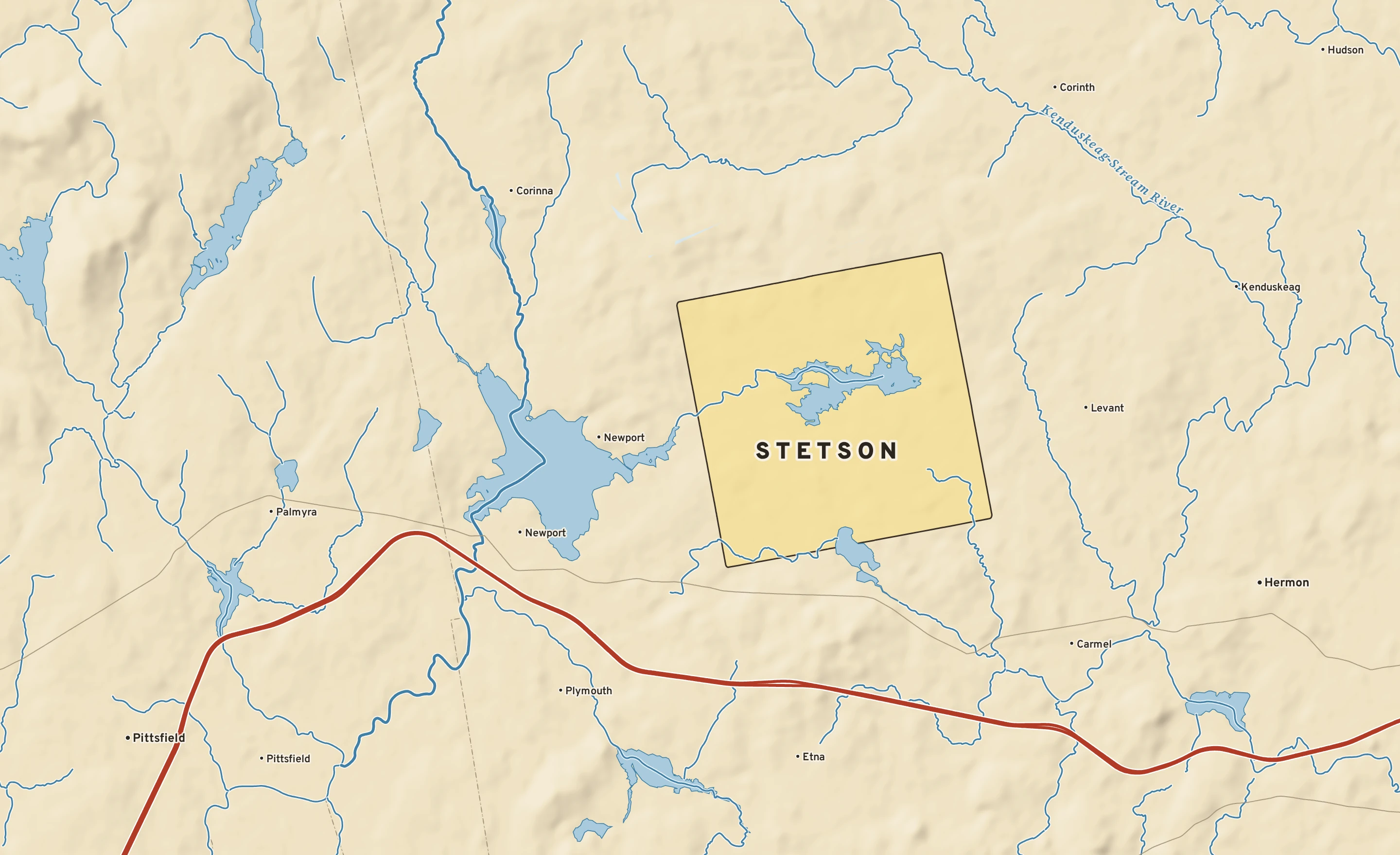 Shaded-relief atlas plate of Stetson, Maine: rivers, roads, the city limits and where the water drains.