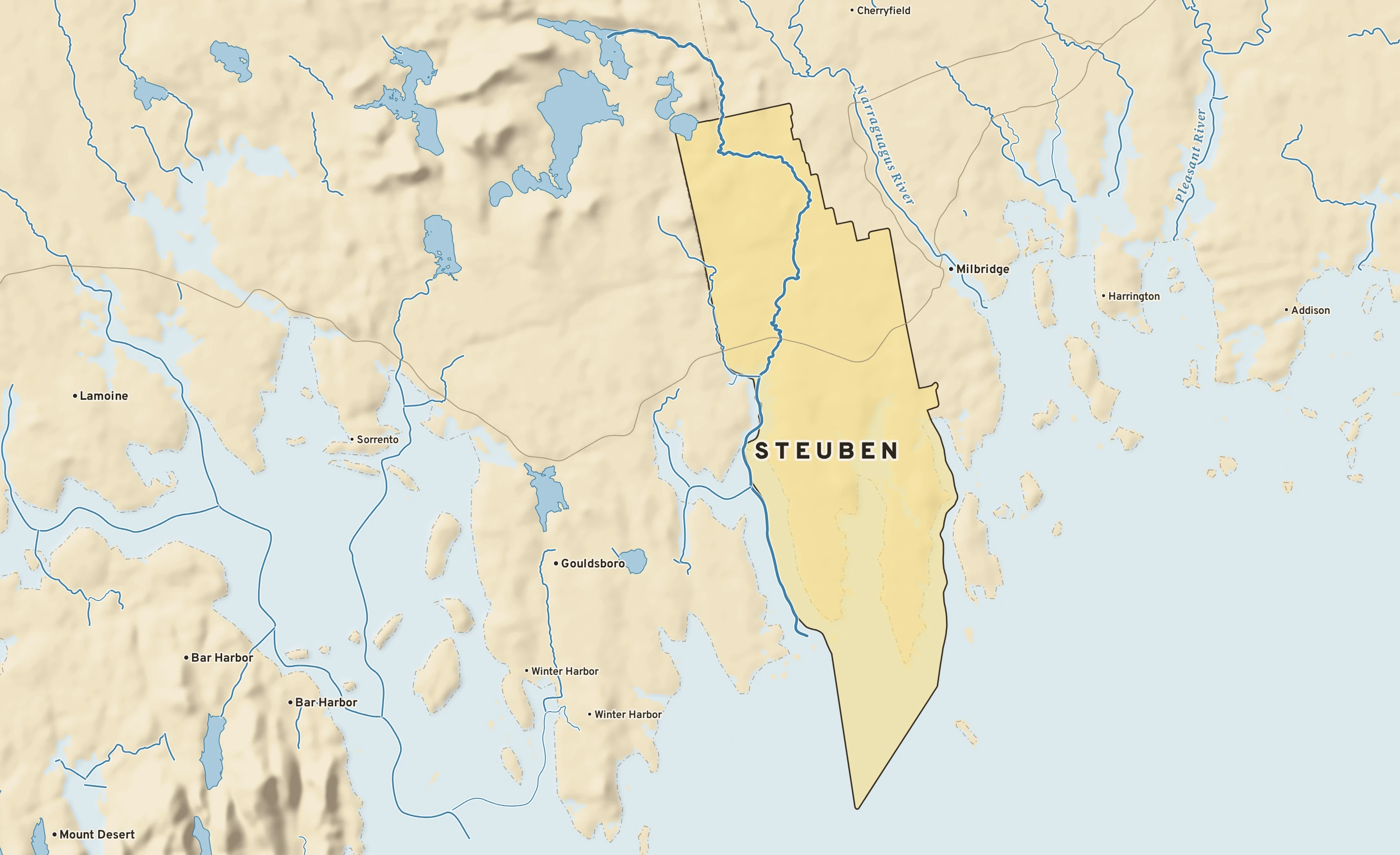Shaded-relief atlas plate of Steuben, Maine: rivers, roads, the city limits and where the water drains.