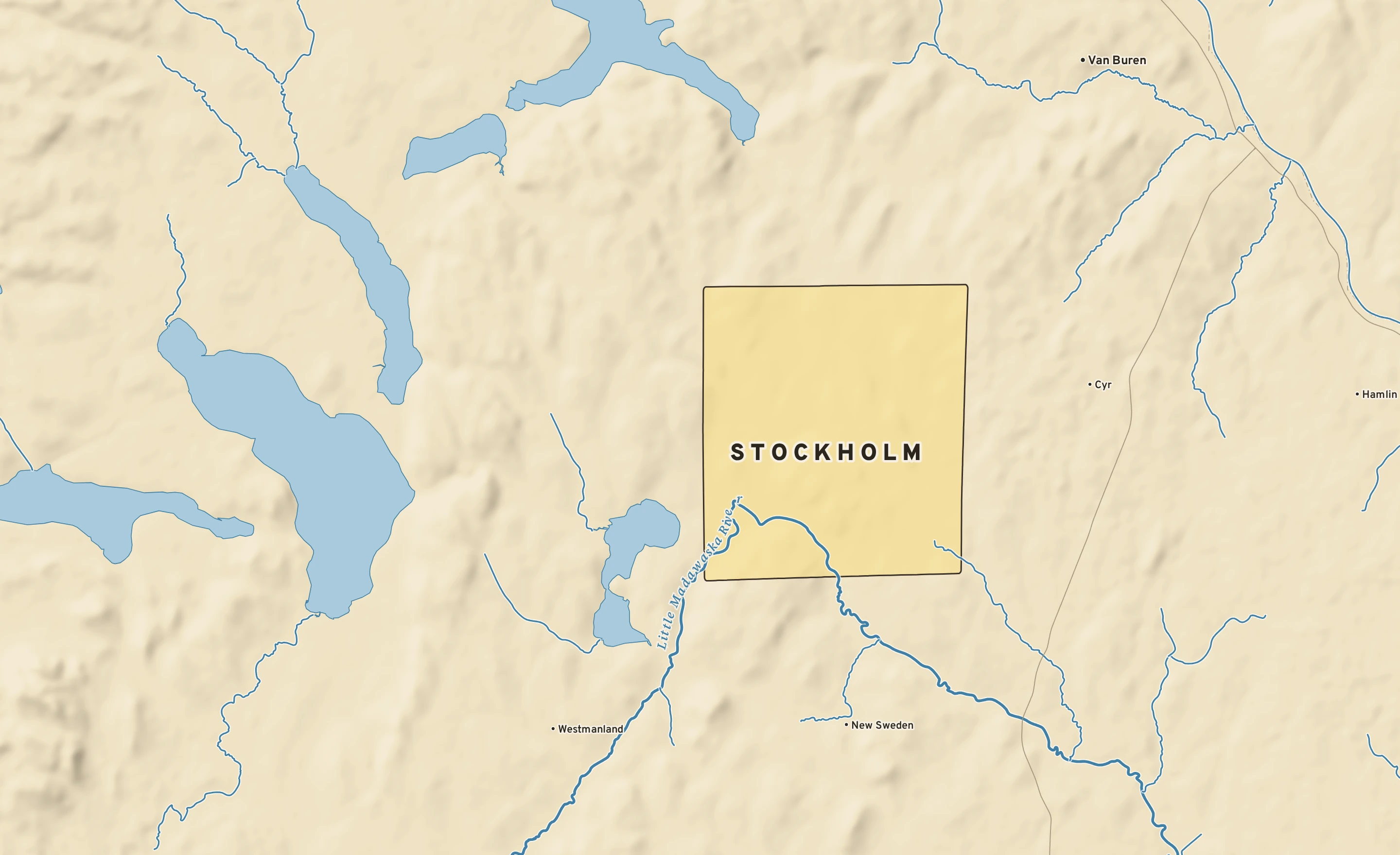 Shaded-relief atlas plate of Stockholm, Maine: rivers, roads, the city limits and where the water drains.