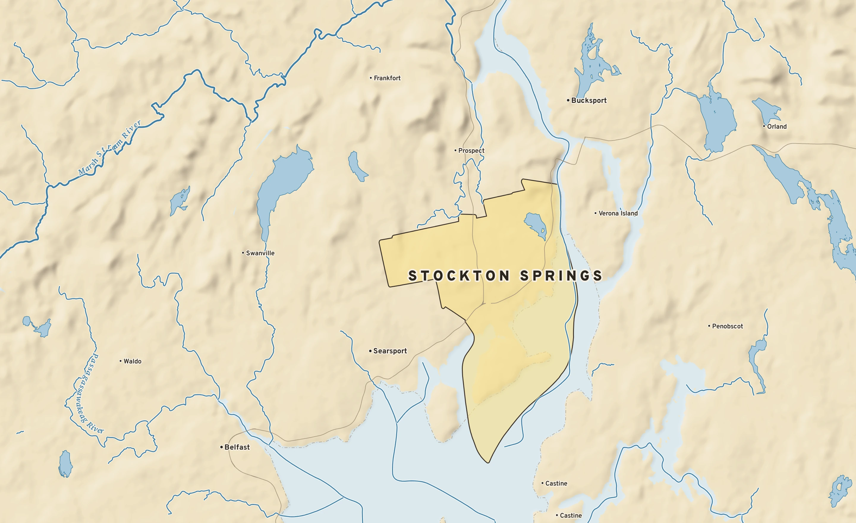 Shaded-relief atlas plate of Stockton Springs, Maine: rivers, roads, the city limits and where the water drains.