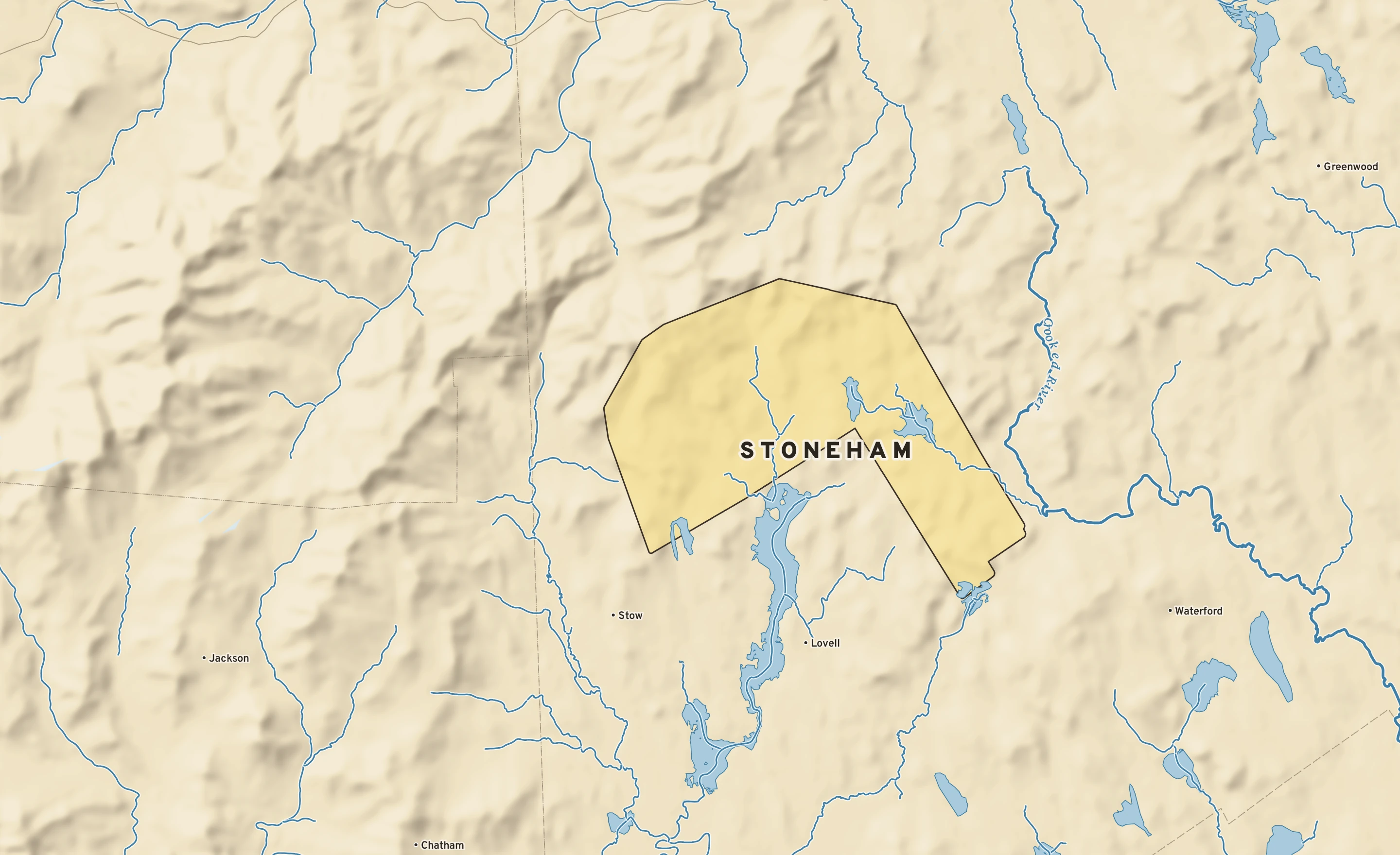 Shaded-relief atlas plate of Stoneham, Maine: rivers, roads, the city limits and where the water drains.