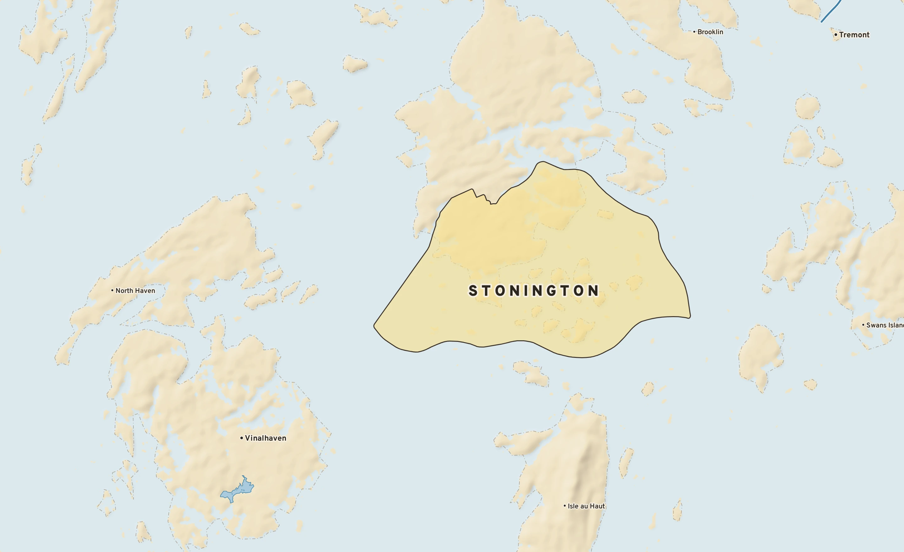 Shaded-relief atlas plate of Stonington, Maine: rivers, roads, the city limits and where the water drains.