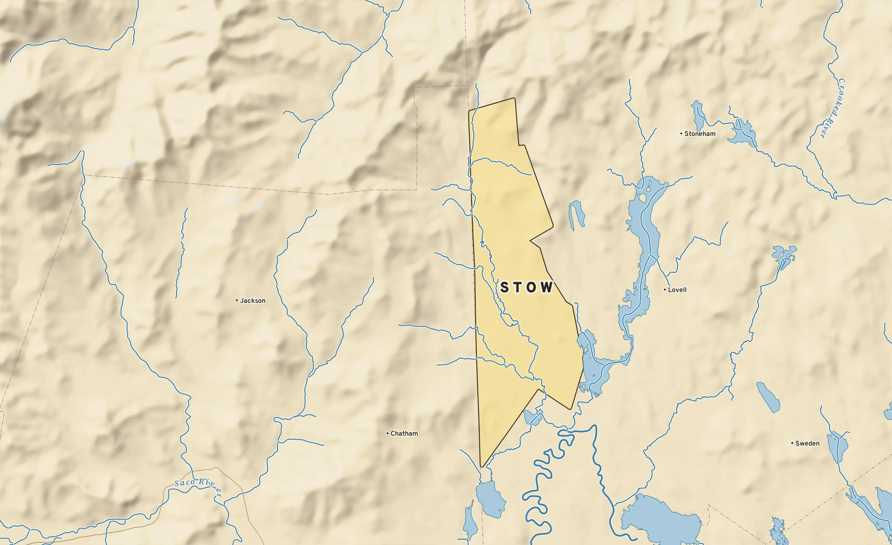 Shaded-relief atlas plate of Stow, Maine: rivers, roads, the city limits and where the water drains.