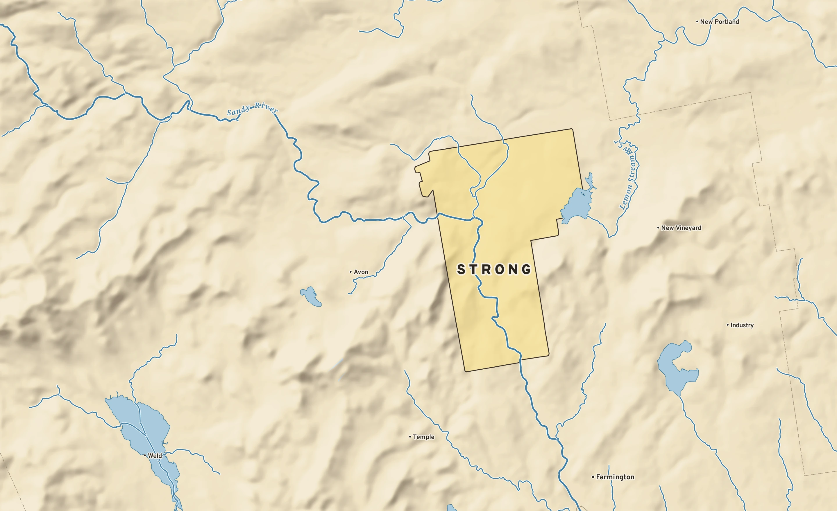 Shaded-relief atlas plate of Strong, Maine: rivers, roads, the city limits and where the water drains.