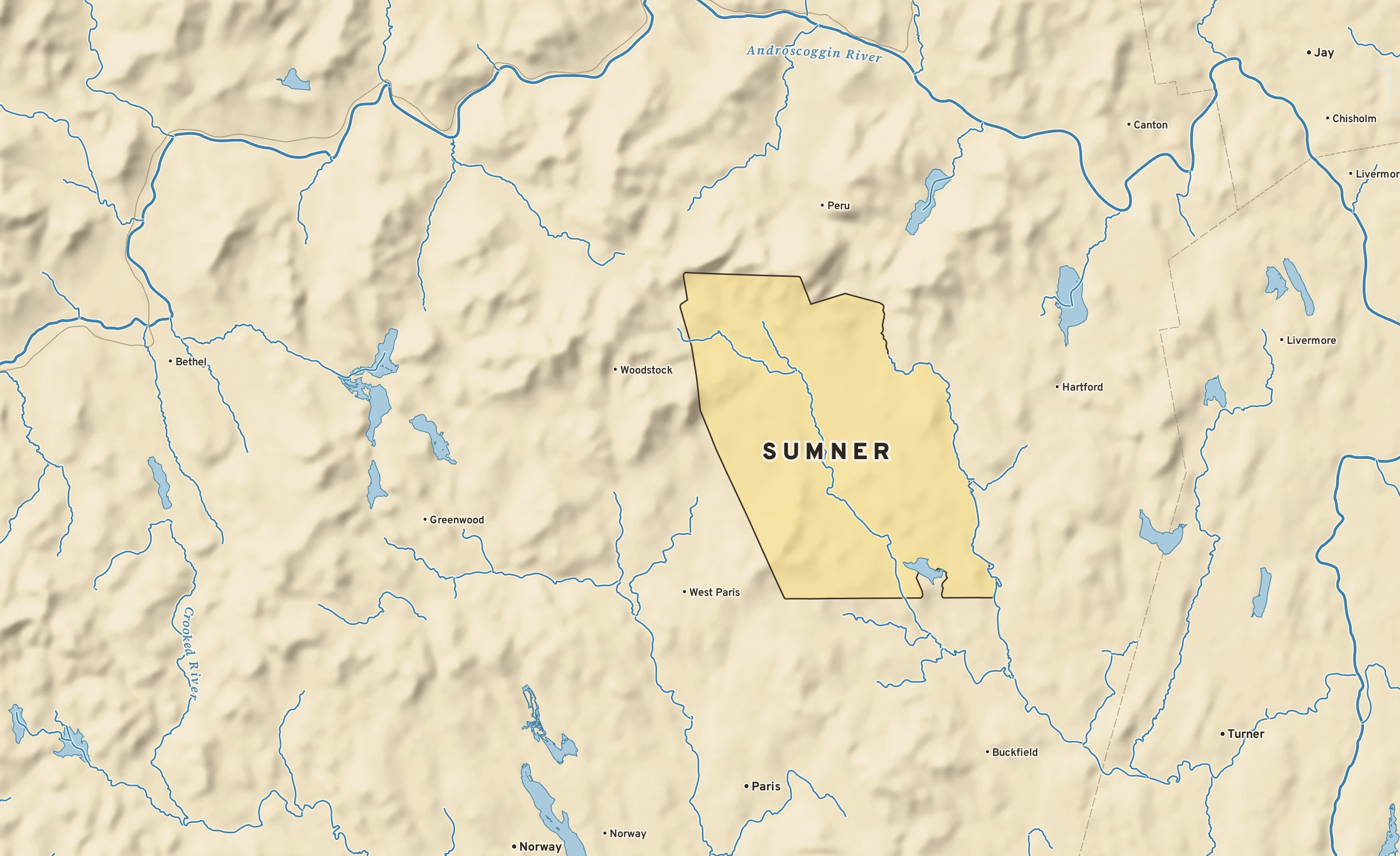 Shaded-relief atlas plate of Sumner, Maine: rivers, roads, the city limits and where the water drains.