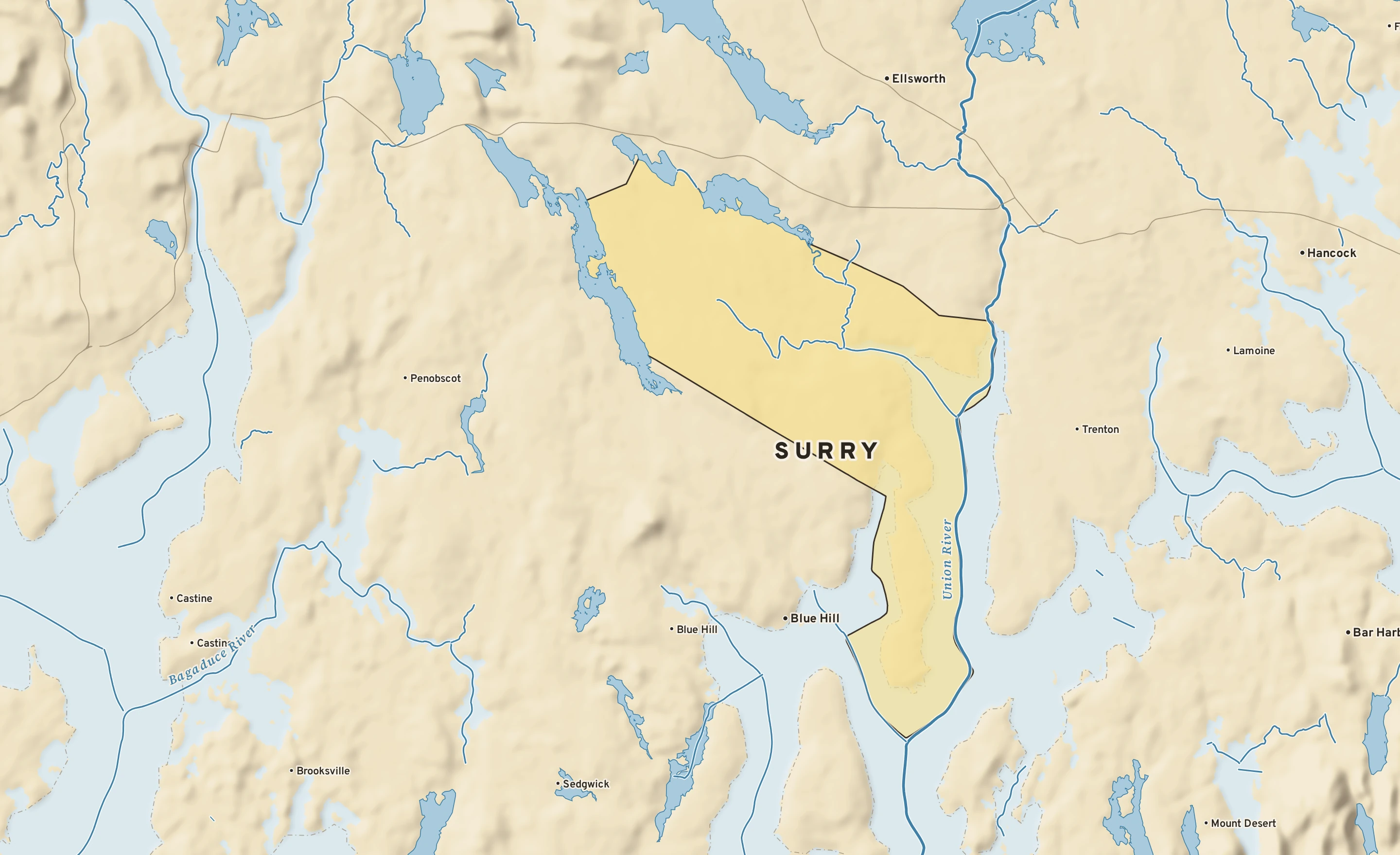 Shaded-relief atlas plate of Surry, Maine: rivers, roads, the city limits and where the water drains.