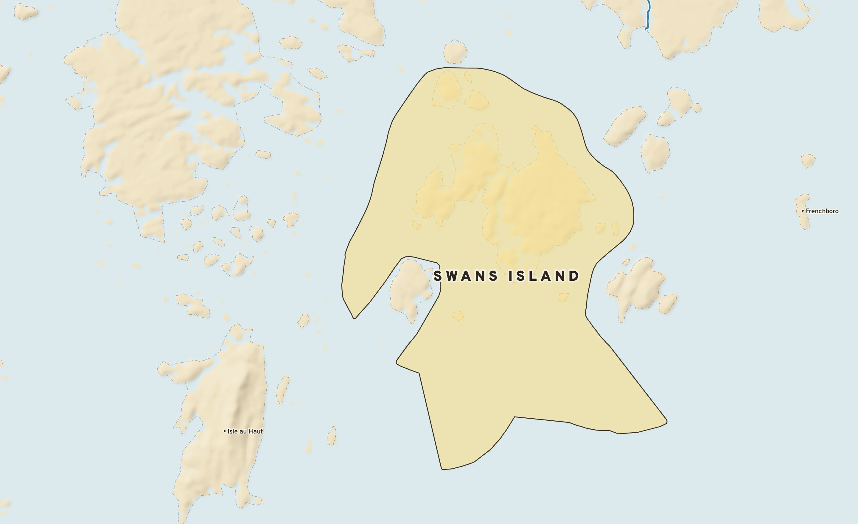 Shaded-relief atlas plate of Swans Island, Maine: rivers, roads, the city limits and where the water drains.