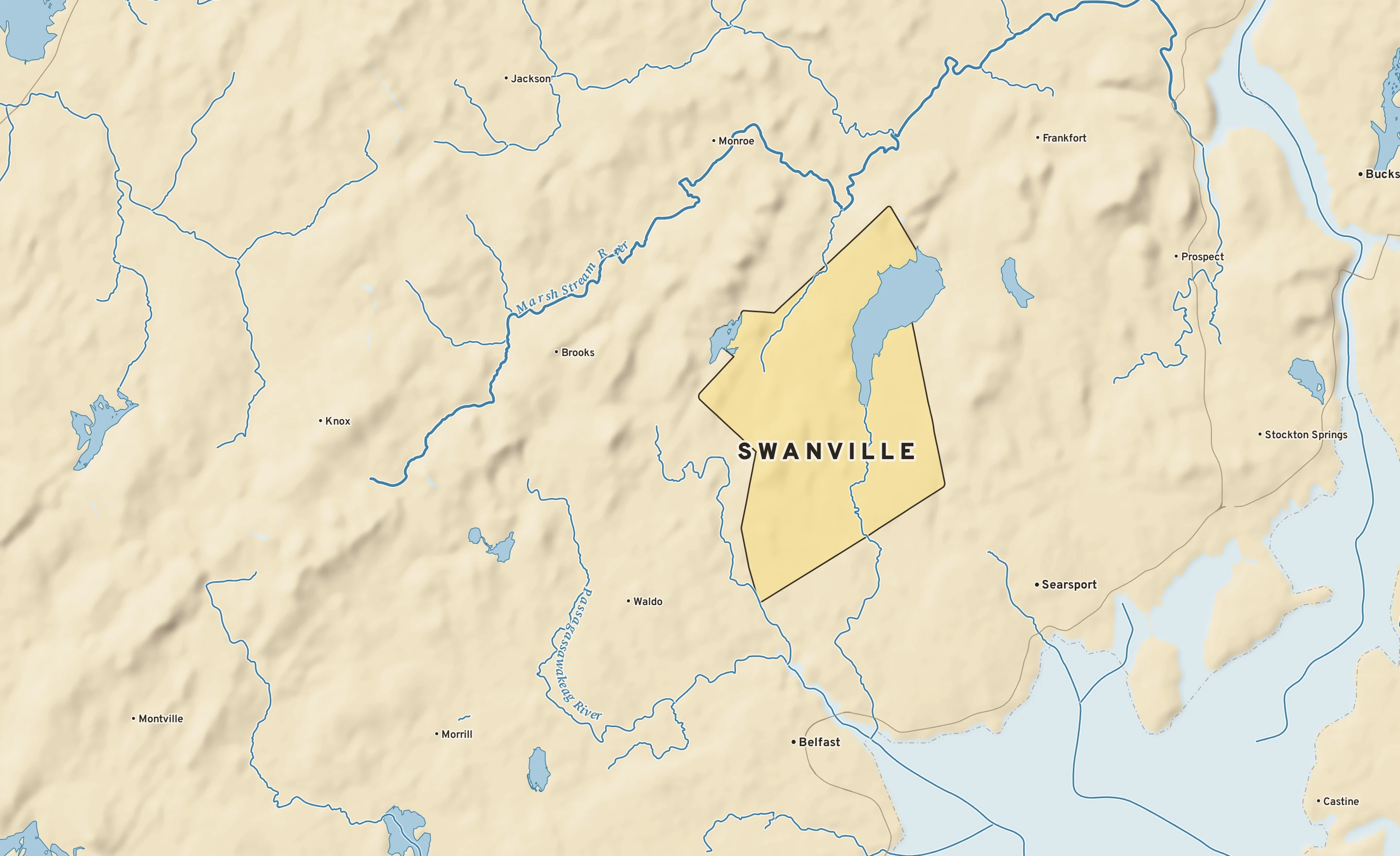 Shaded-relief atlas plate of Swanville, Maine: rivers, roads, the city limits and where the water drains.