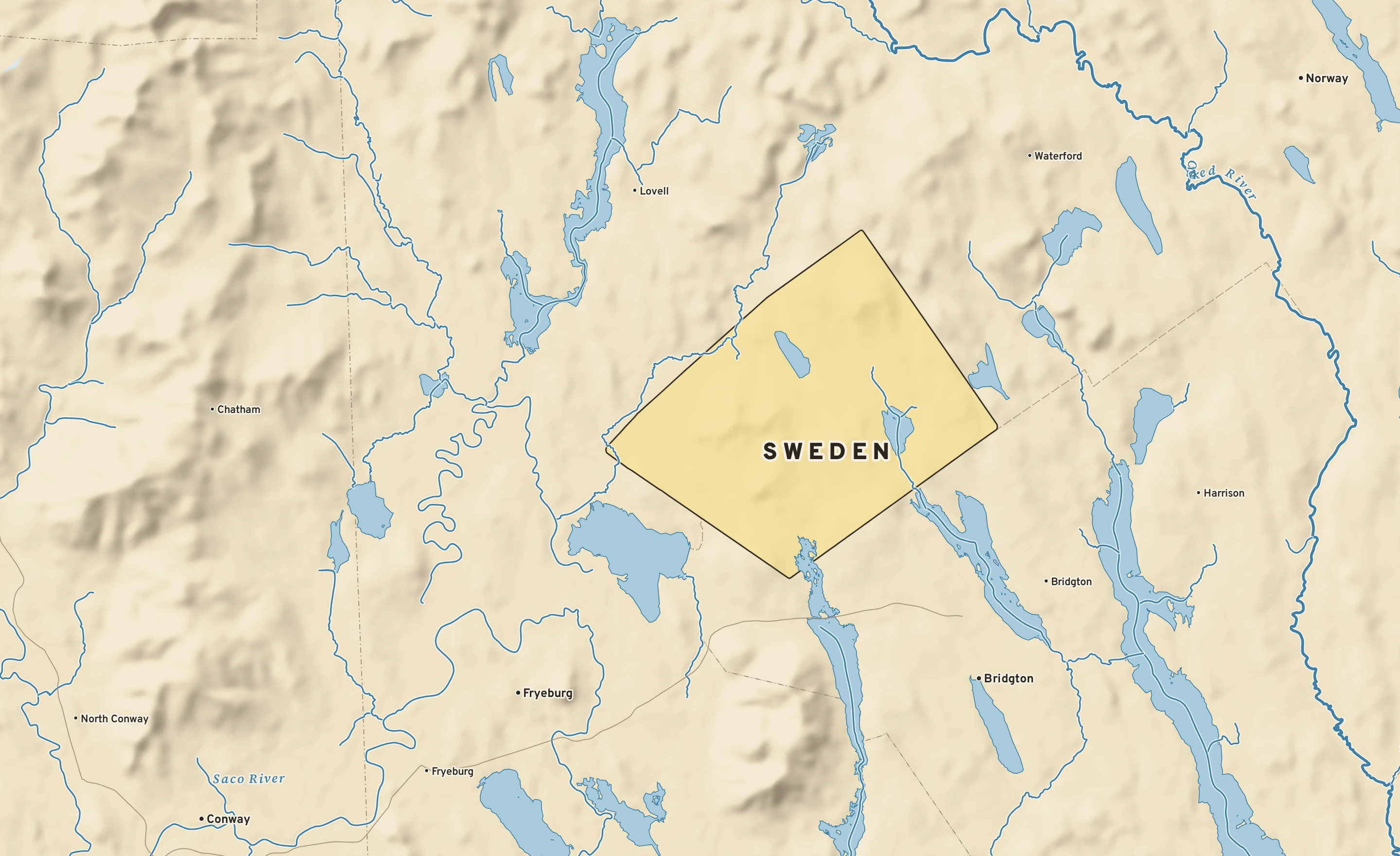 Shaded-relief atlas plate of Sweden, Maine: rivers, roads, the city limits and where the water drains.