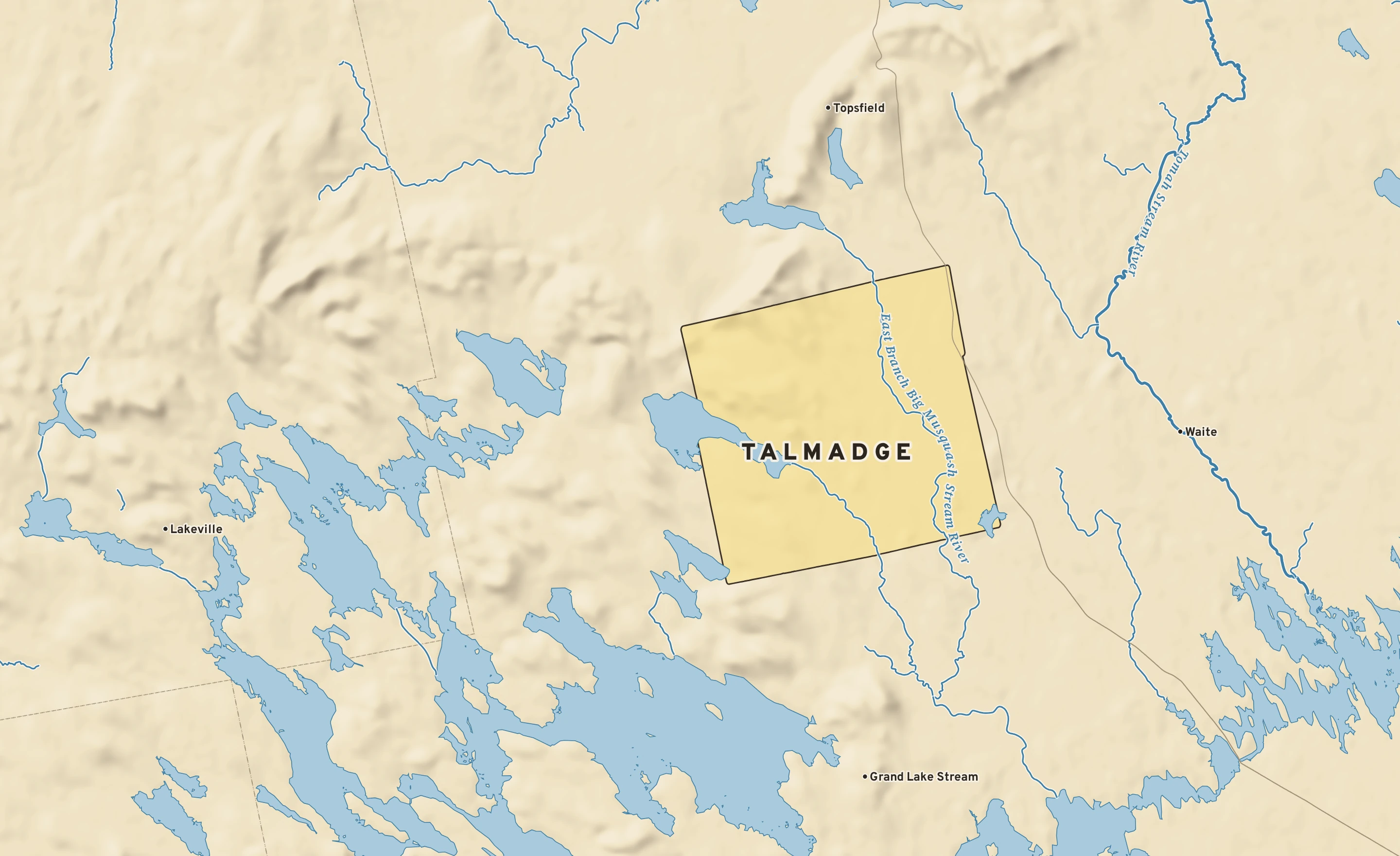 Shaded-relief atlas plate of Talmadge, Maine: rivers, roads, the city limits and where the water drains.