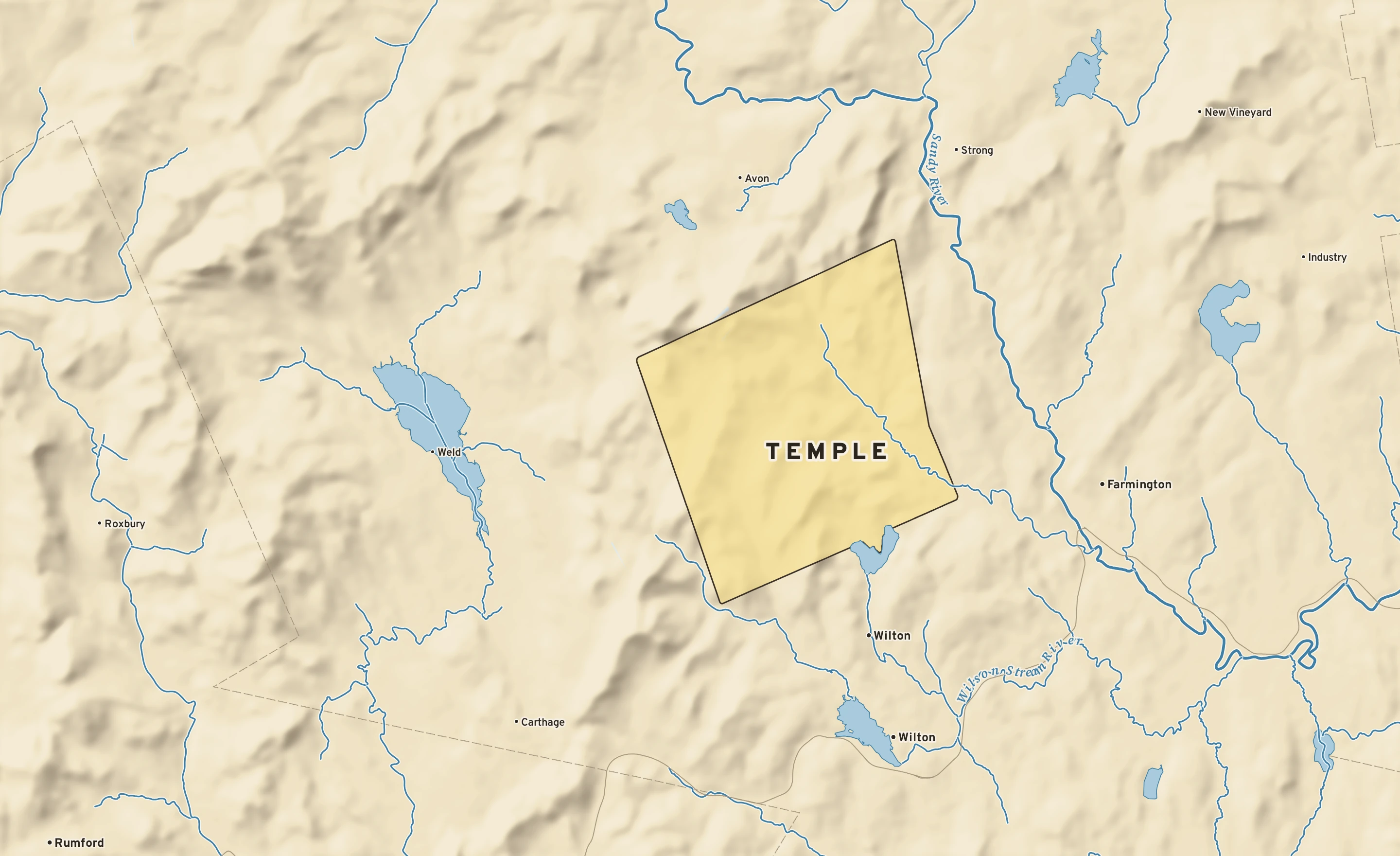 Shaded-relief atlas plate of Temple, Maine: rivers, roads, the city limits and where the water drains.