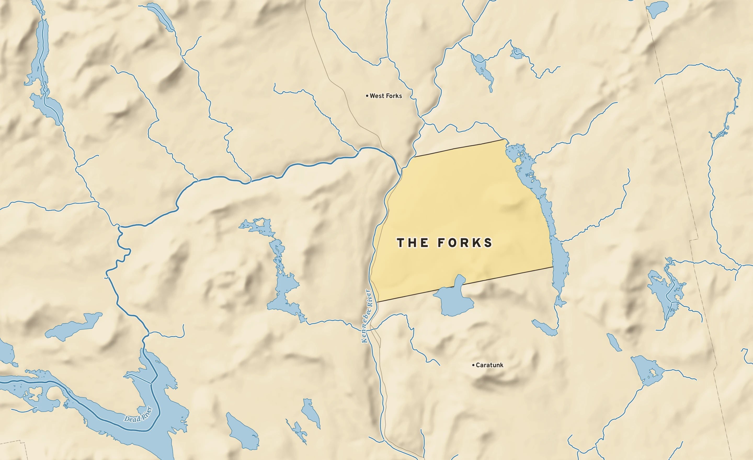 Shaded-relief atlas plate of The Forks, Maine: rivers, roads, the city limits and where the water drains.