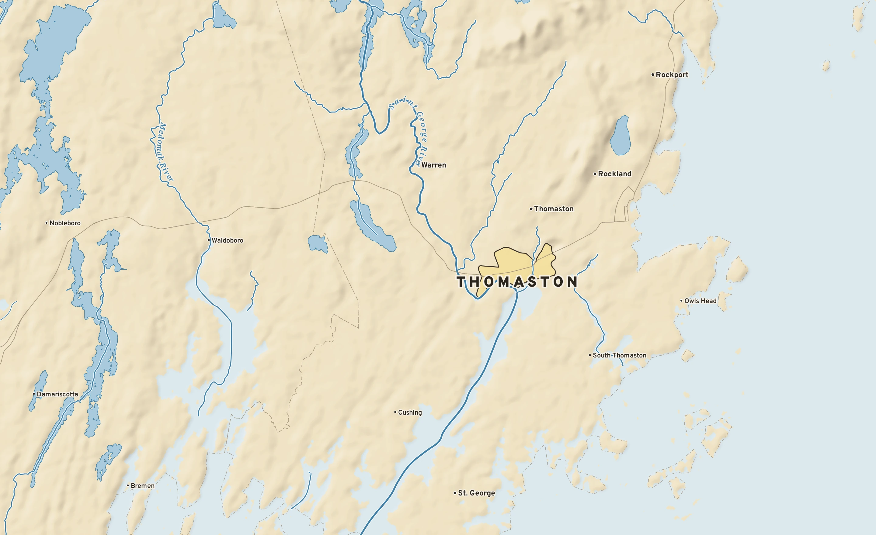 Shaded-relief atlas plate of Thomaston, Maine: rivers, roads, the city limits and where the water drains.