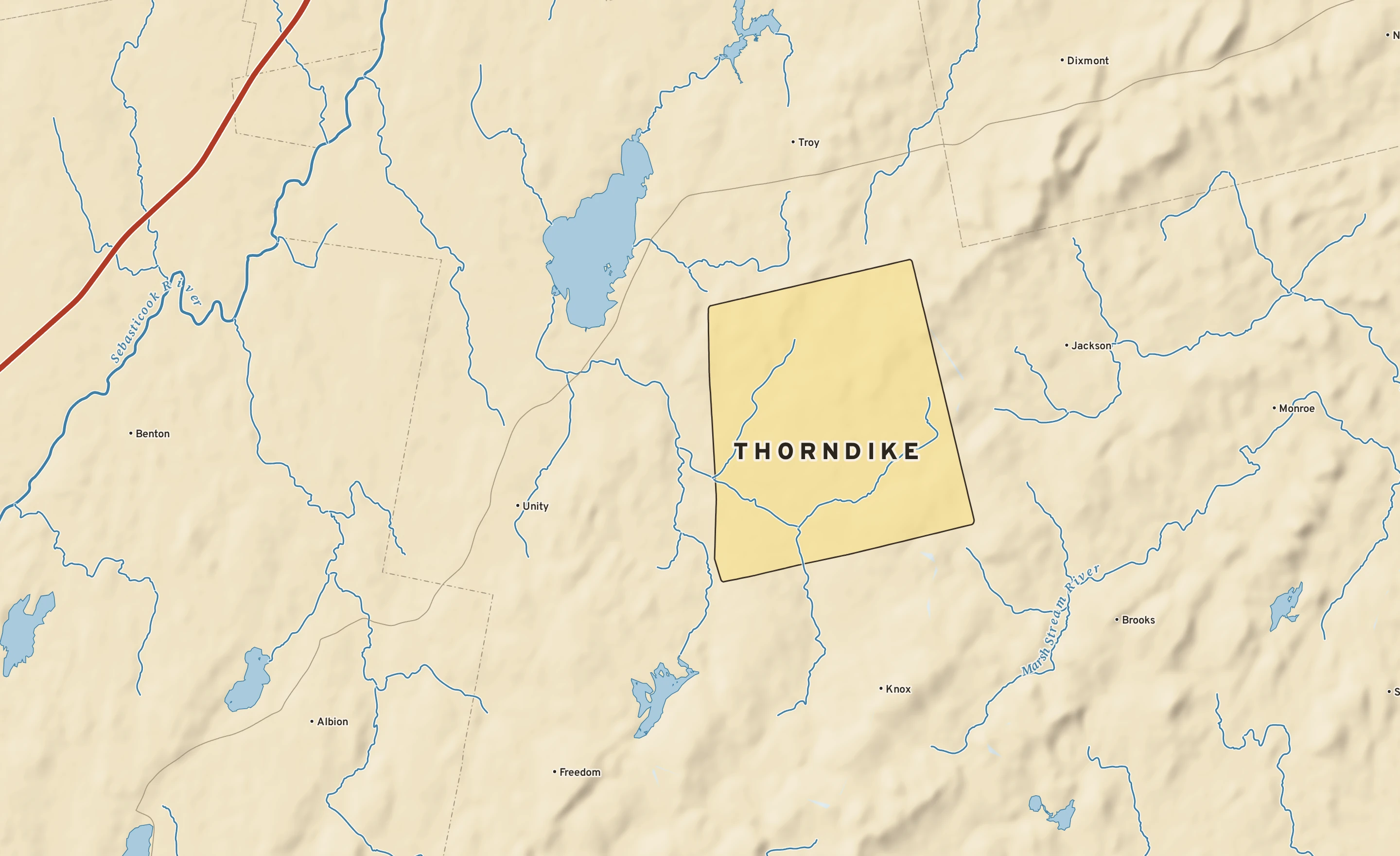Shaded-relief atlas plate of Thorndike, Maine: rivers, roads, the city limits and where the water drains.