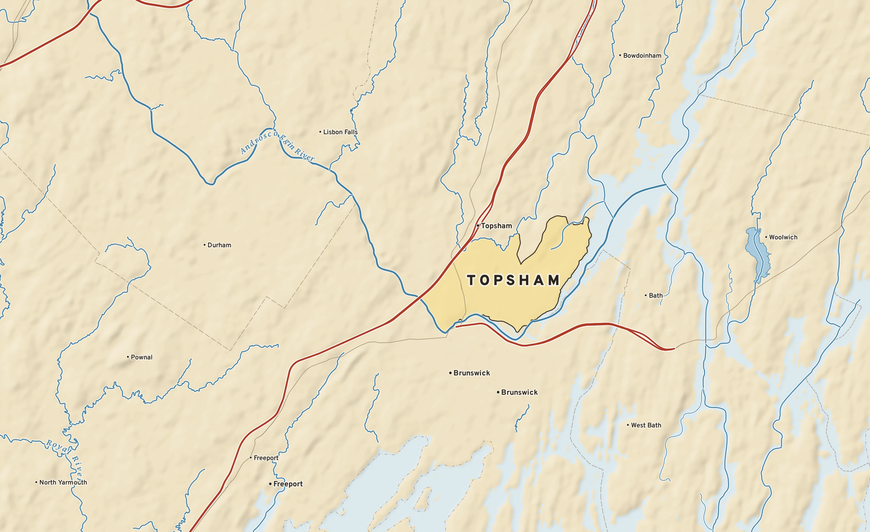 Shaded-relief atlas plate of Topsham, Maine: rivers, roads, the city limits and where the water drains.