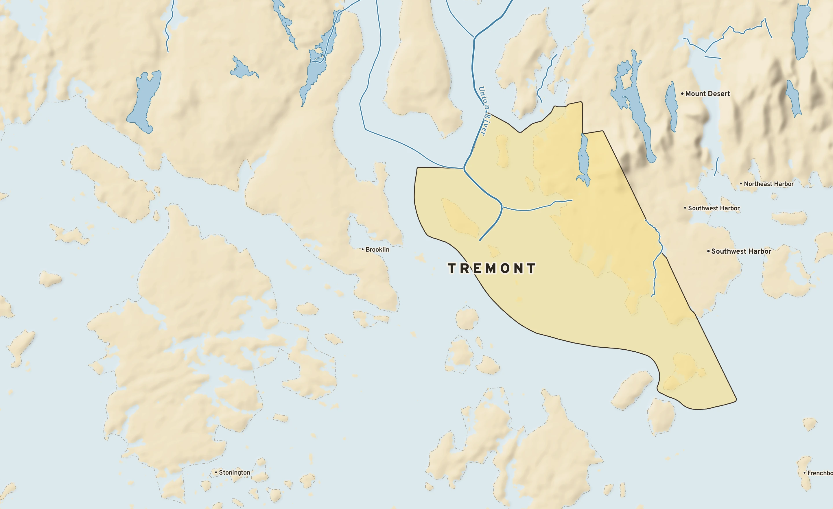 Shaded-relief atlas plate of Tremont, Maine: rivers, roads, the city limits and where the water drains.