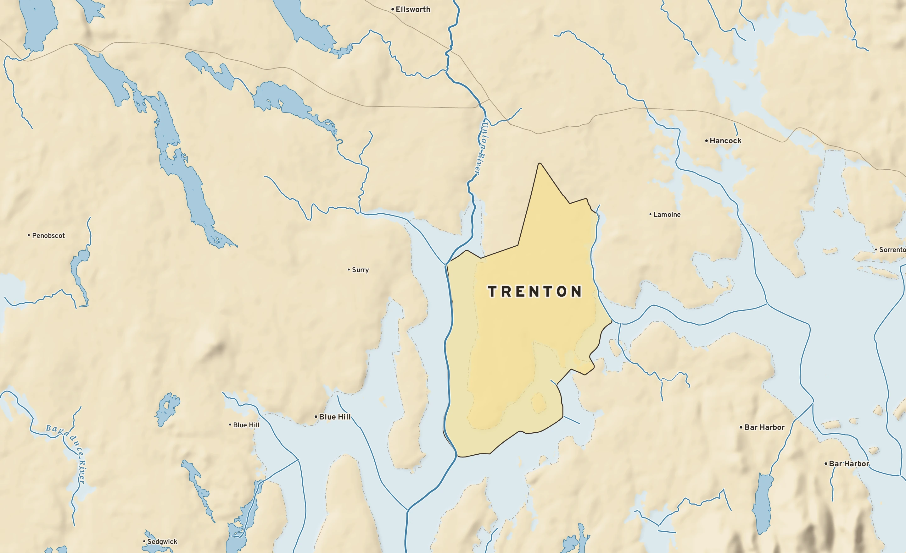 Shaded-relief atlas plate of Trenton, Maine: rivers, roads, the city limits and where the water drains.