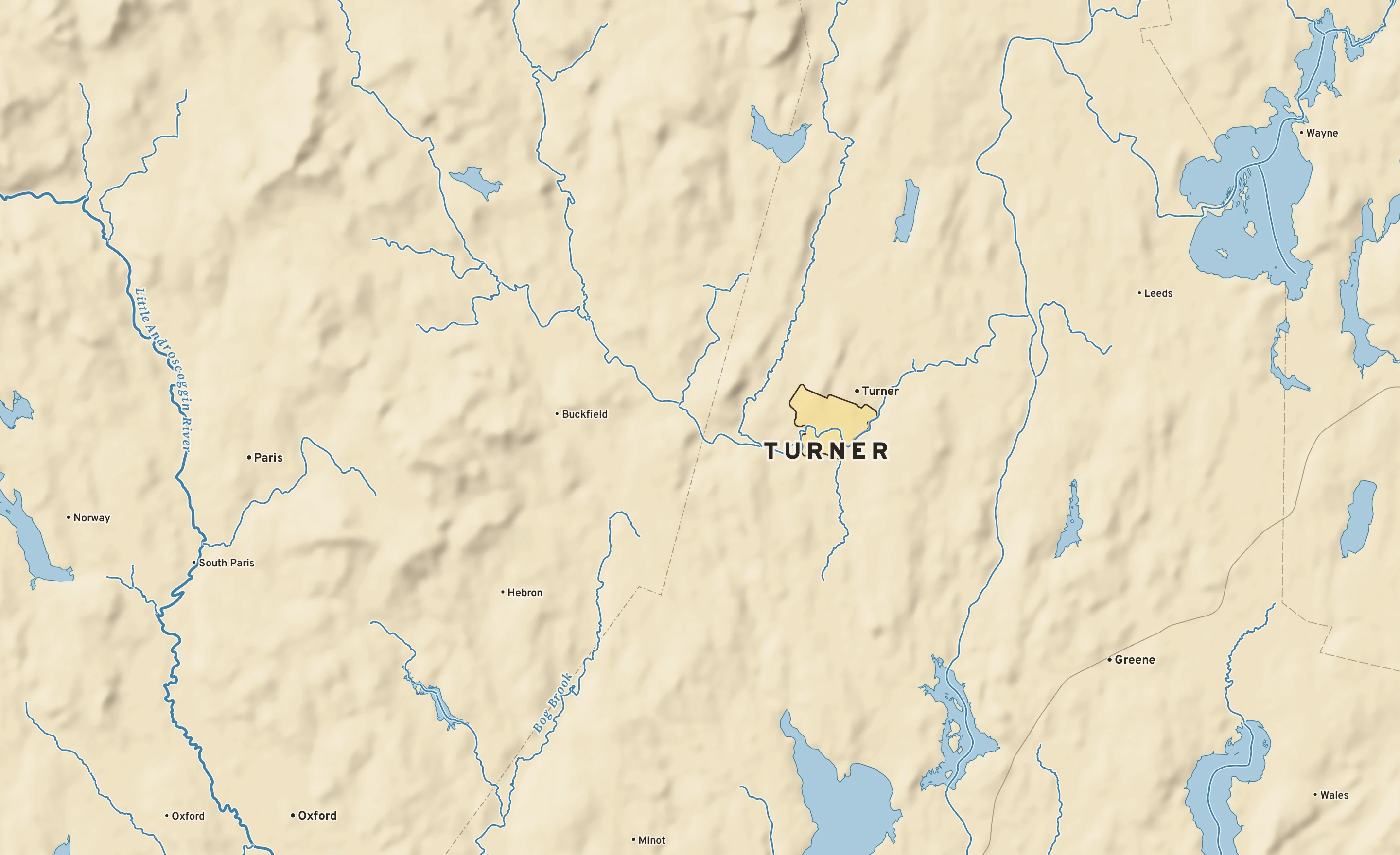 Shaded-relief atlas plate of Turner, Maine: rivers, roads, the city limits and where the water drains.
