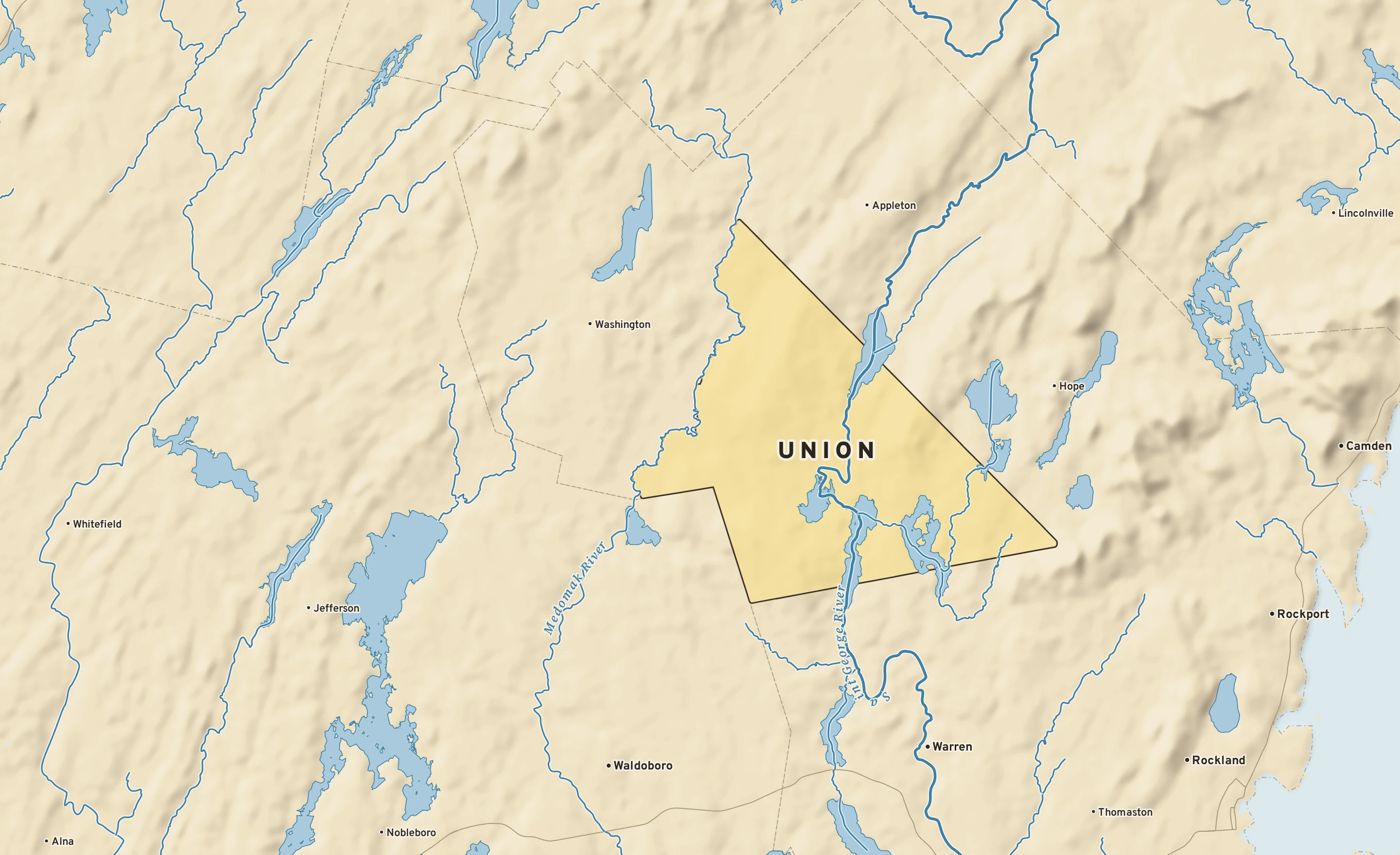 Shaded-relief atlas plate of Union, Maine: rivers, roads, the city limits and where the water drains.